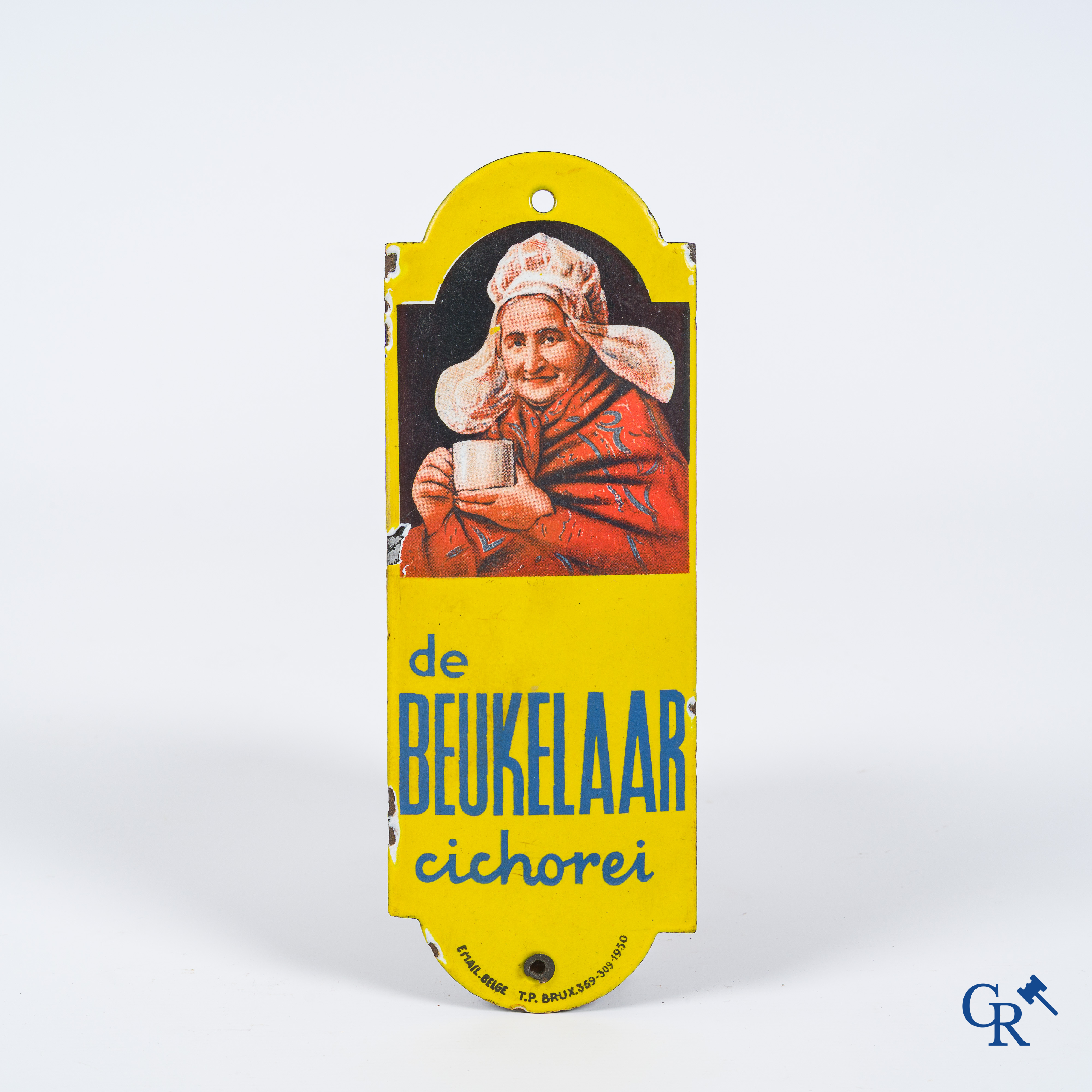 Cichorei de Beukelaar. Originele deurpost in émaille voor de Beukelaar. Emaillerie Belge 1950.