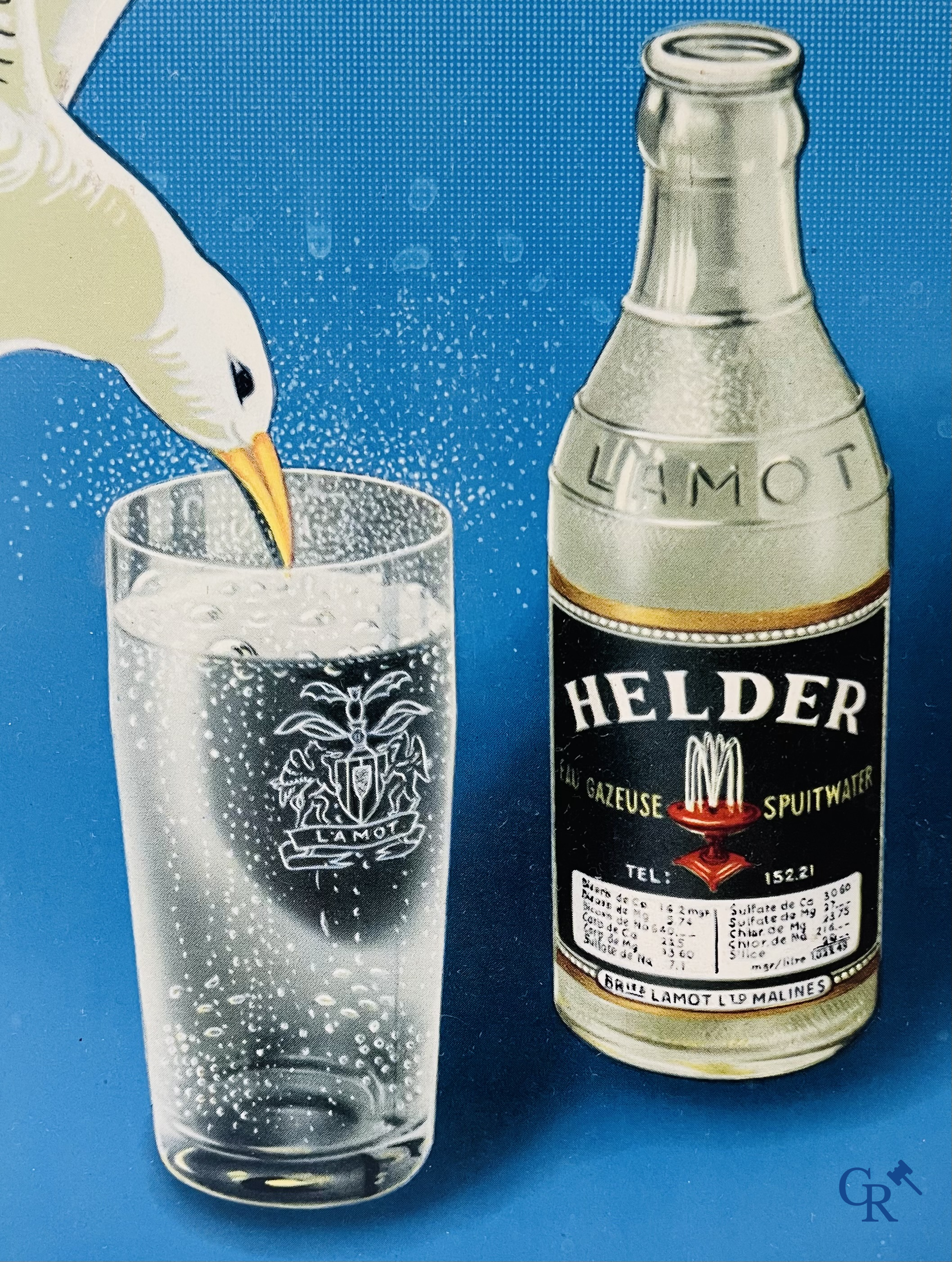 Helder, Reclamebord in bedrukt metaal voor Lamot spuitwater. Taxe payée Bruxelles 111/5/1955.