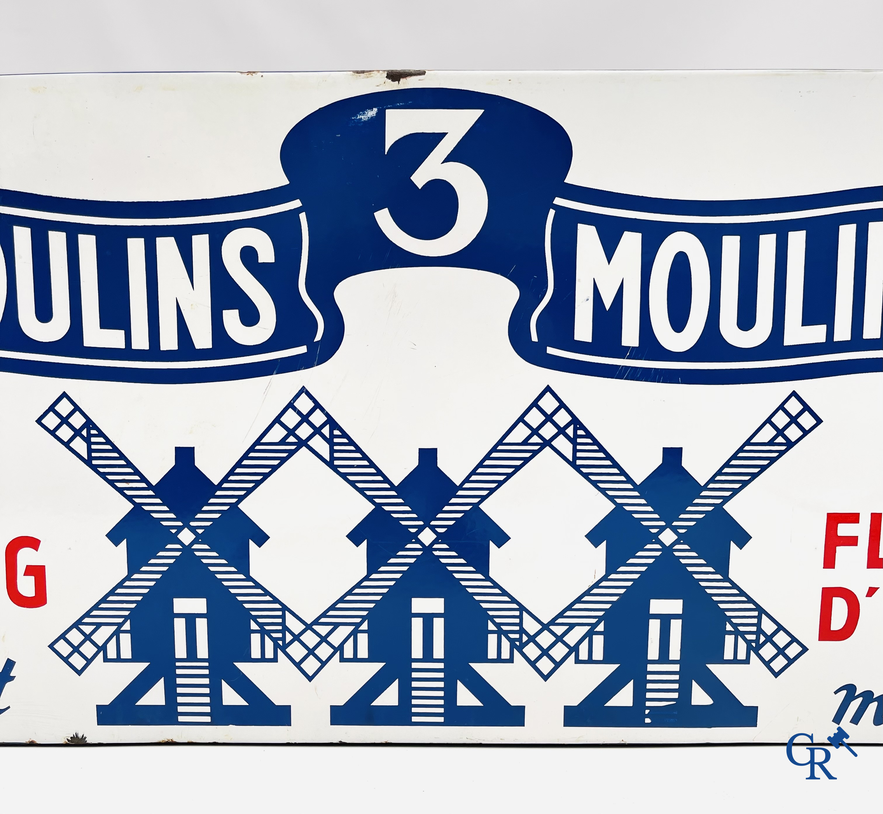 De 3 Molens, emaille reclamebord voor de pudding en havermoutproducten van de Belgische producent Les 3 Moulins.