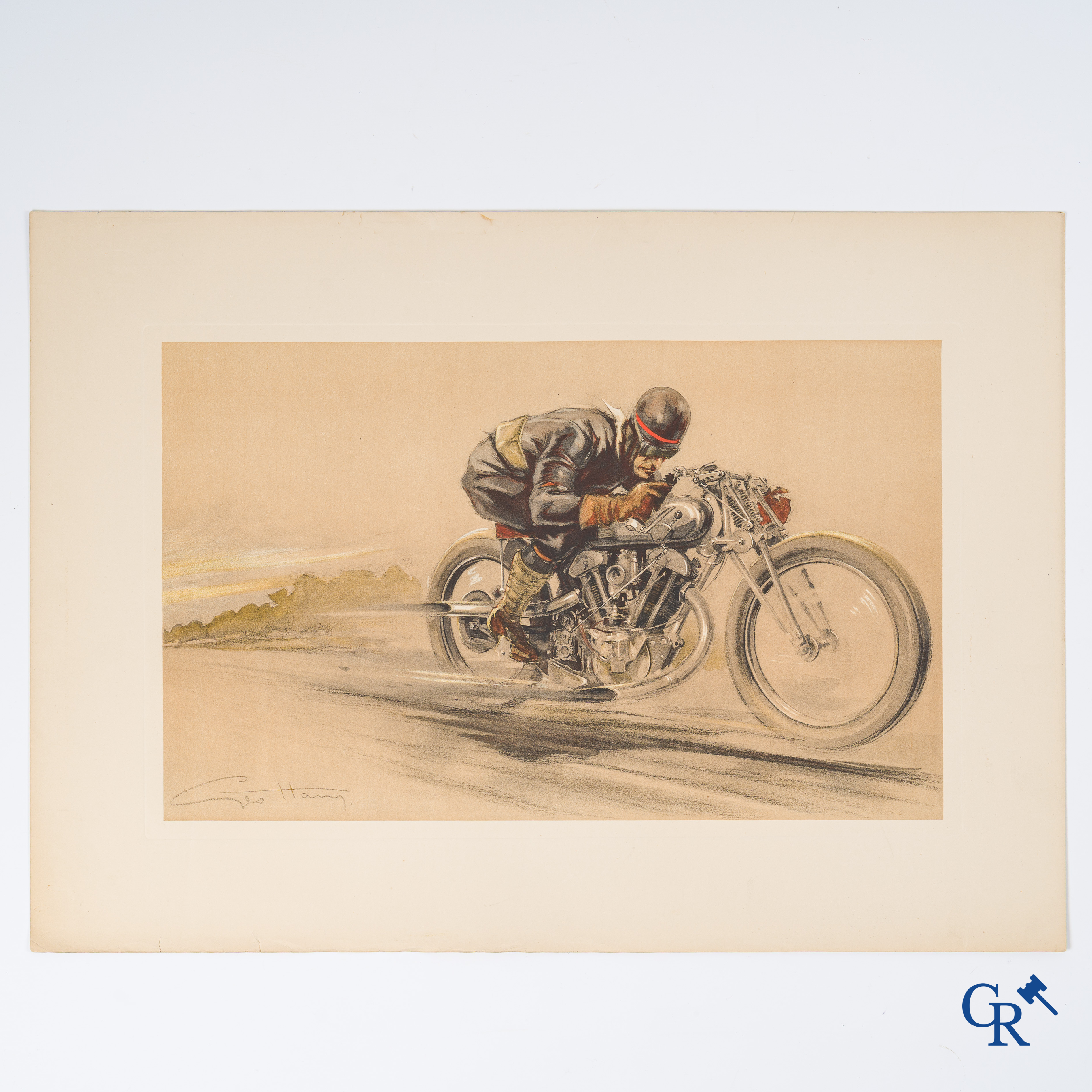 Géo Ham, Georges Hamel (1900-1972) Motard à Arpajon. Originele kleuren lithografie.