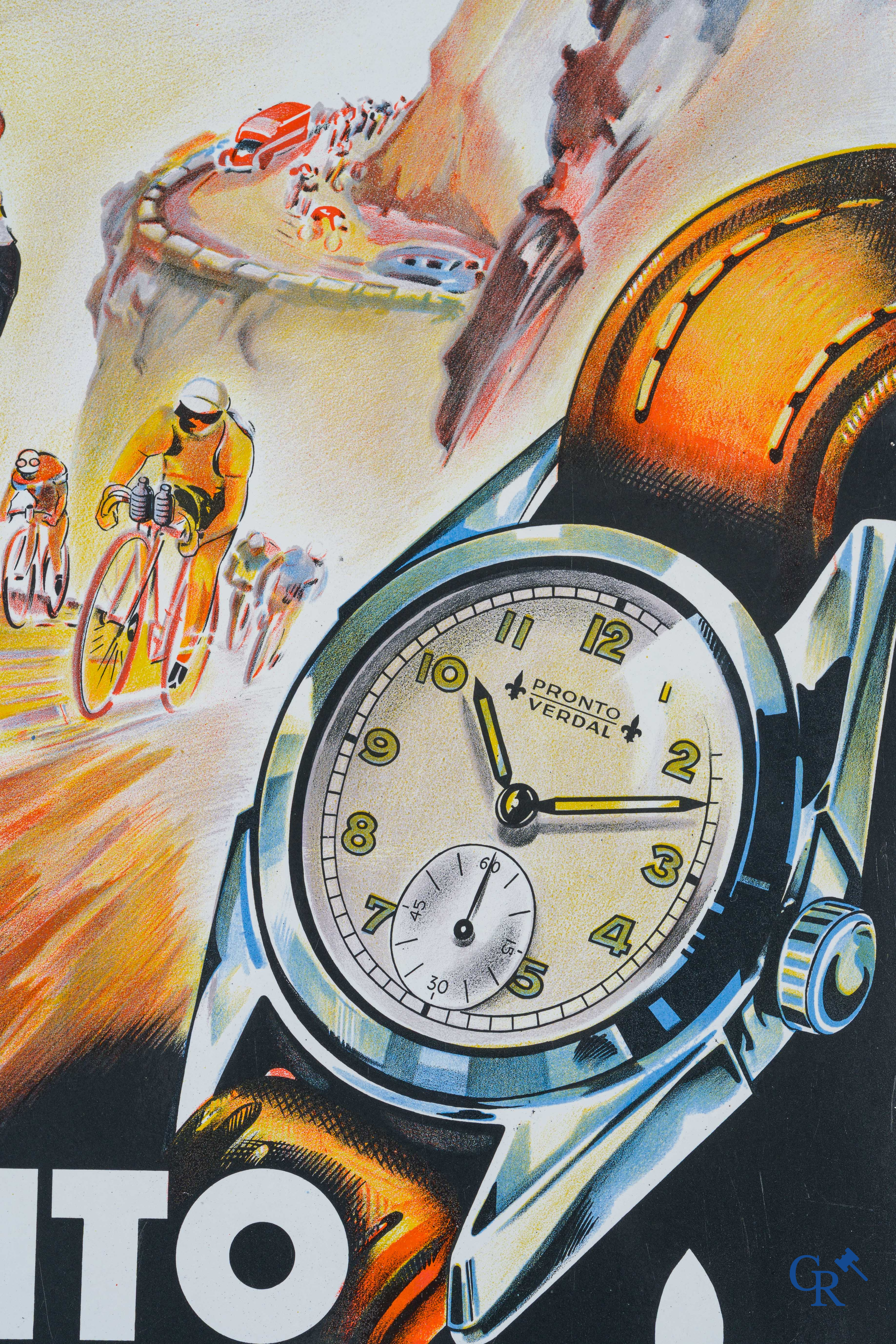 Pronto Verdal. Type "Tour de France" Emaille reclamebord voor de uurwerken van Pronto Watch Co. Emaillerie Belge 1949.