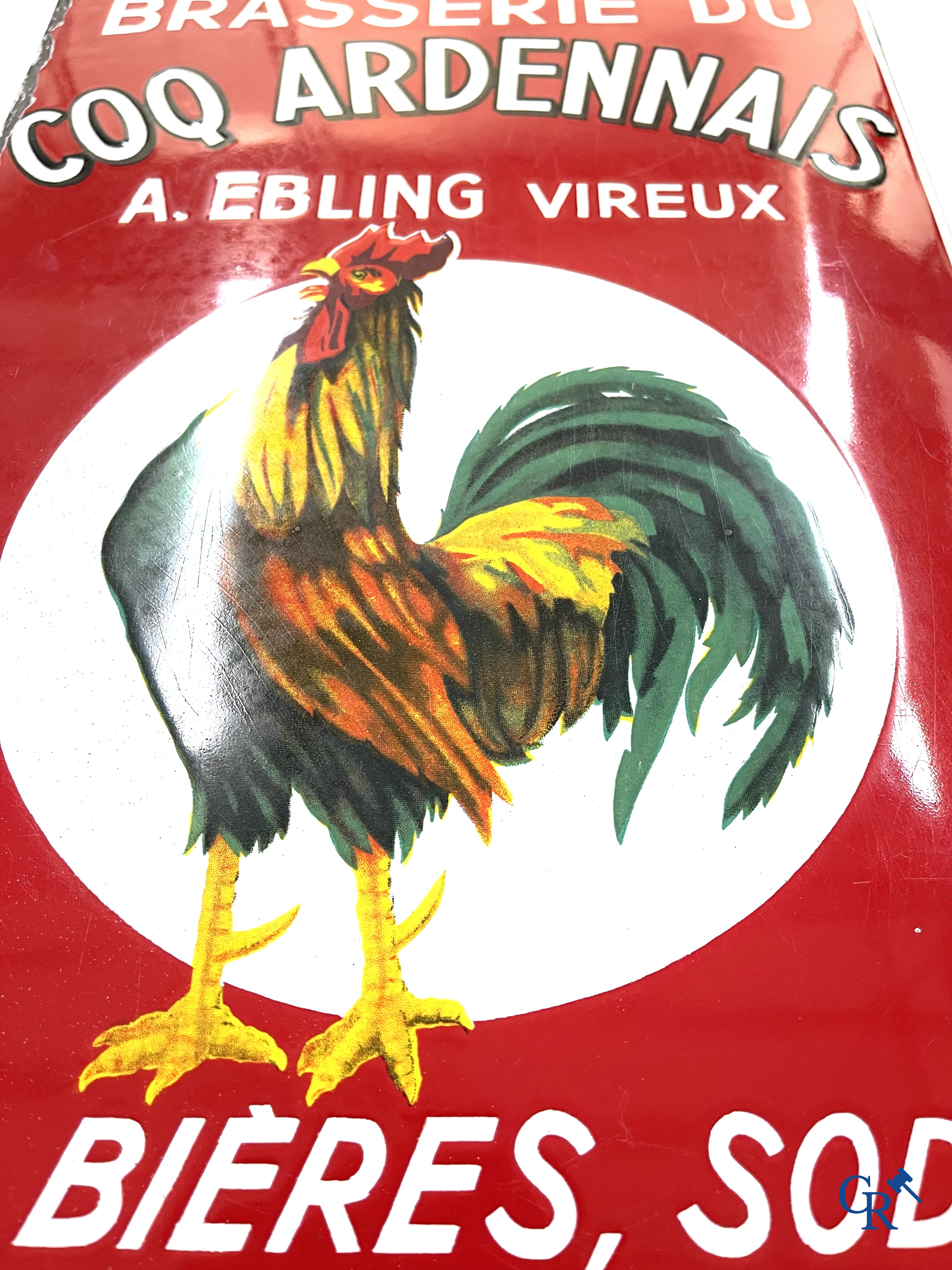 Brasserie du Coq Ardennais, Origineel reclamebord voor bieren, sodas en limonades van brasserie Ebling à Vireux.