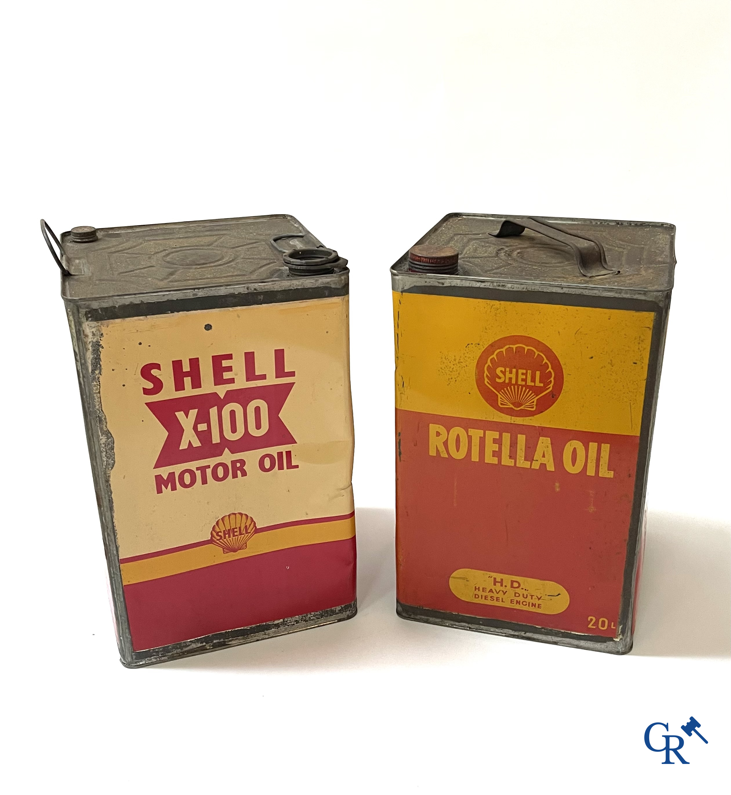 Shell, 3 grote olie blikken, 20L. Shell 2 takt, Rotella Oil, Shell X-100 Motor Oil. Jaren '50.