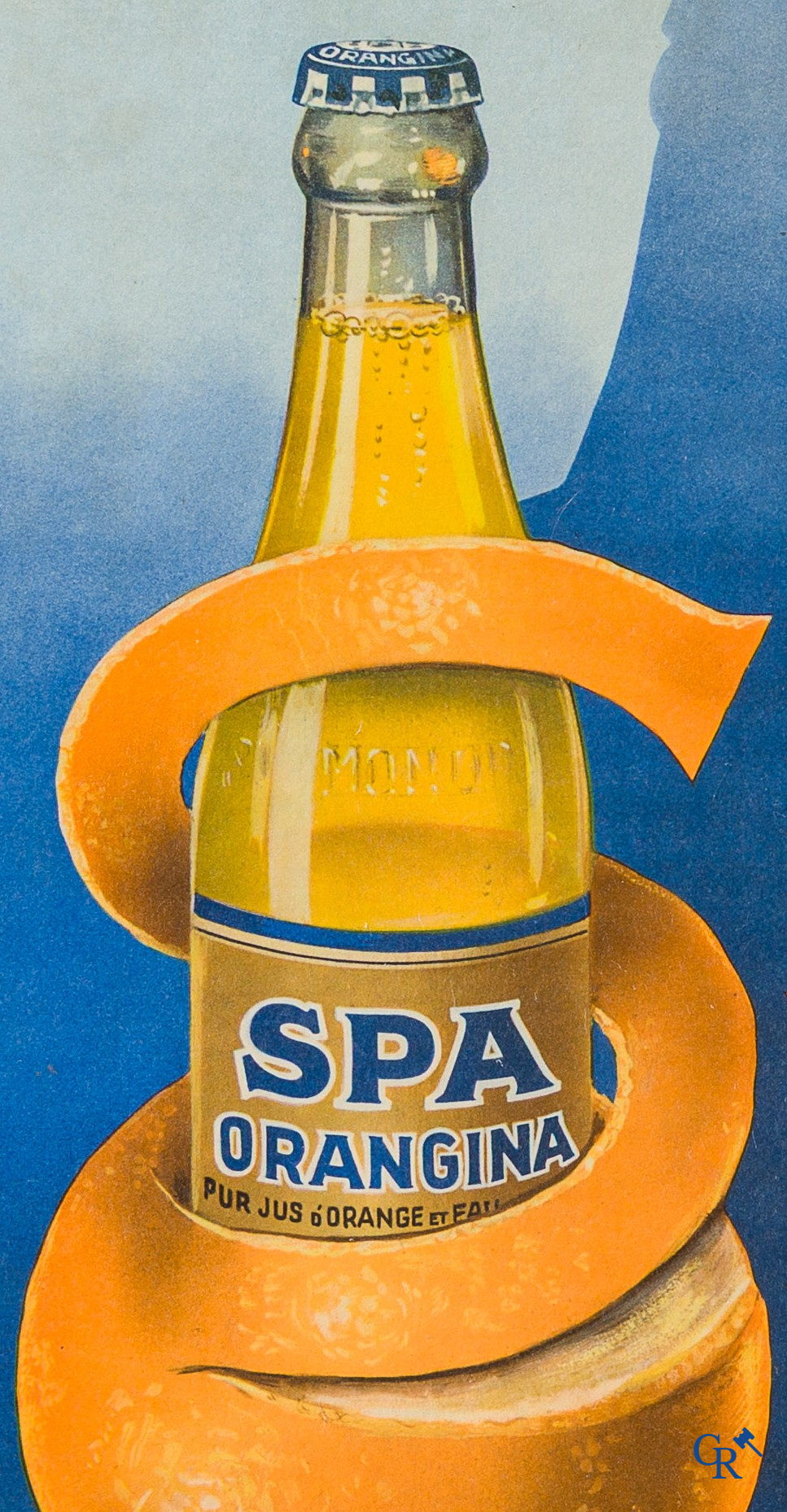 Spa, Publiciteits lithografie op karton voor Spa Orangina gesigneerd Prion. Creation Sobi Bruxelles, 1957.