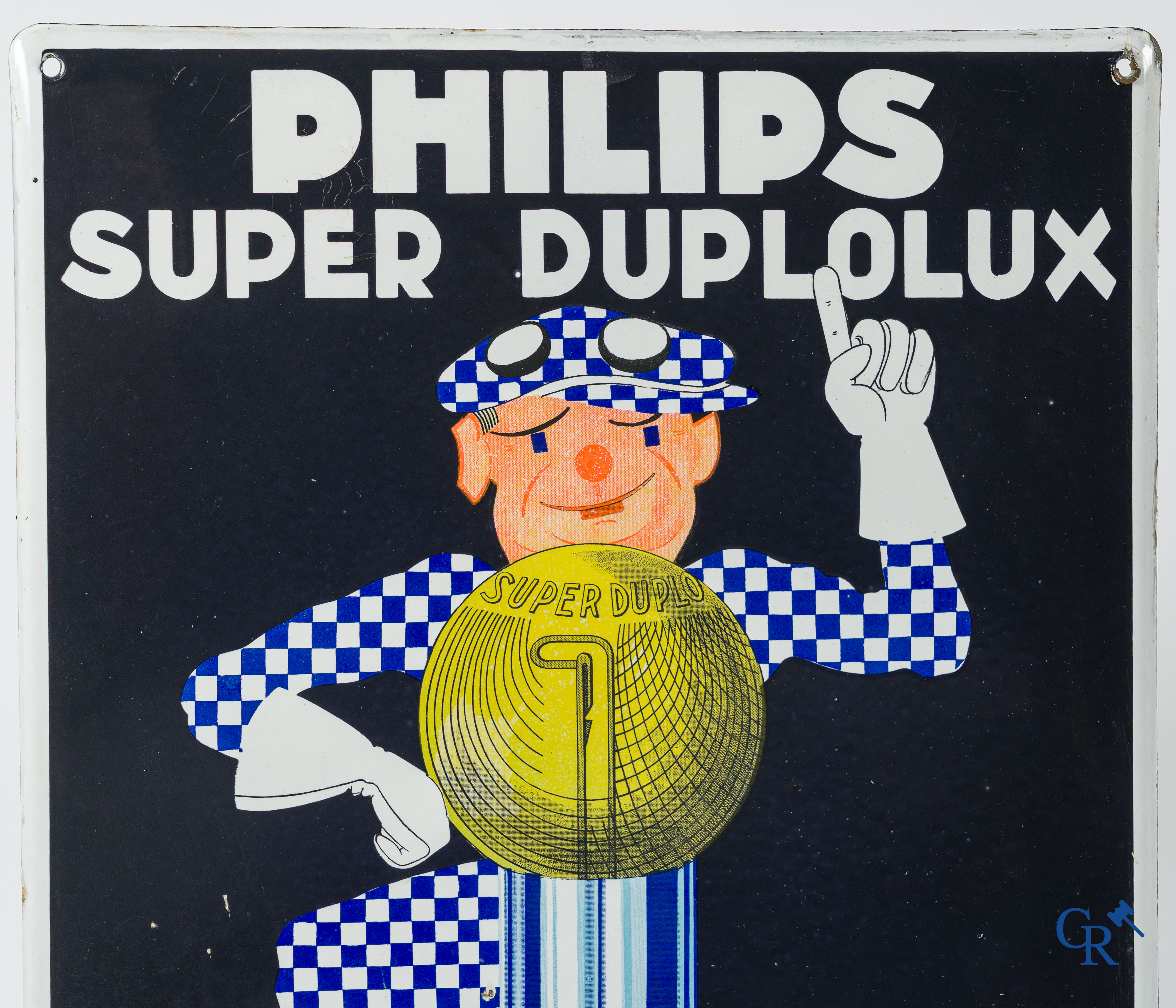 Philips Super Duplolux. Emaille reclamebord voor autokoplampen van Philips. Emaillerie Koekelberg 1935.
