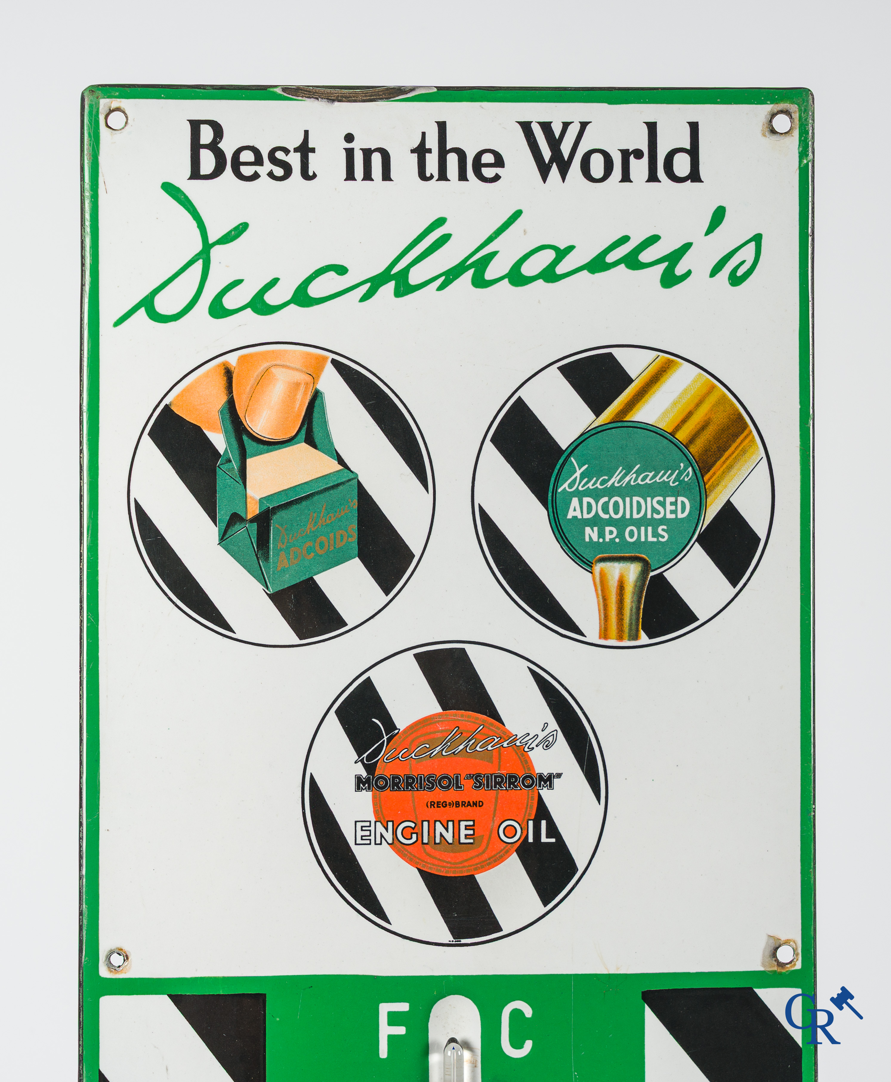 Duckham's Motor Oil. "Best in the World"  Grote geëmailleerde reclame thermometer. Jaren '40.