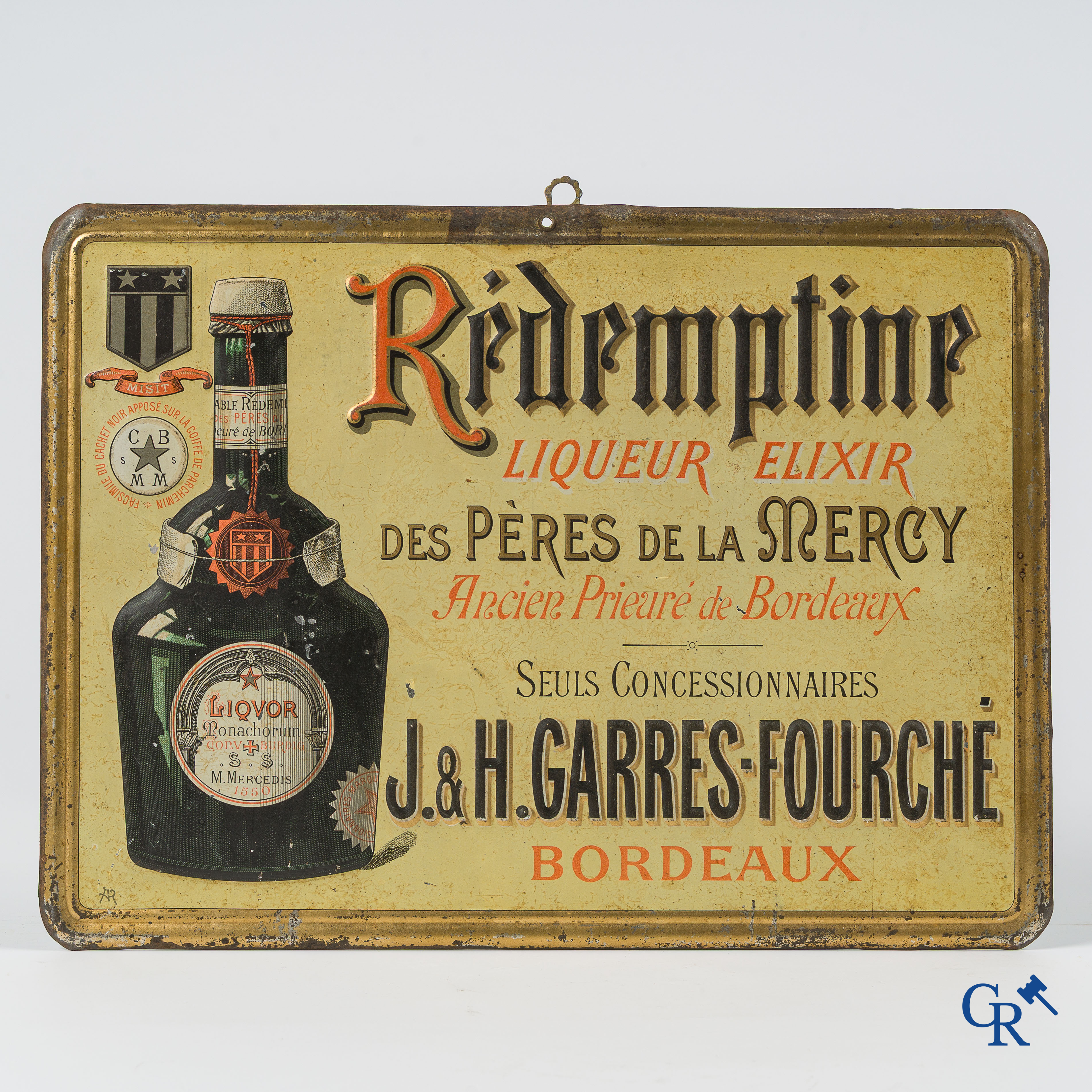 J&H Garres-Fourché. Rédemptine, Liqueur-Elixir des Pères de la Mercy. Publiciteit op blik. Circa 1910-1920.