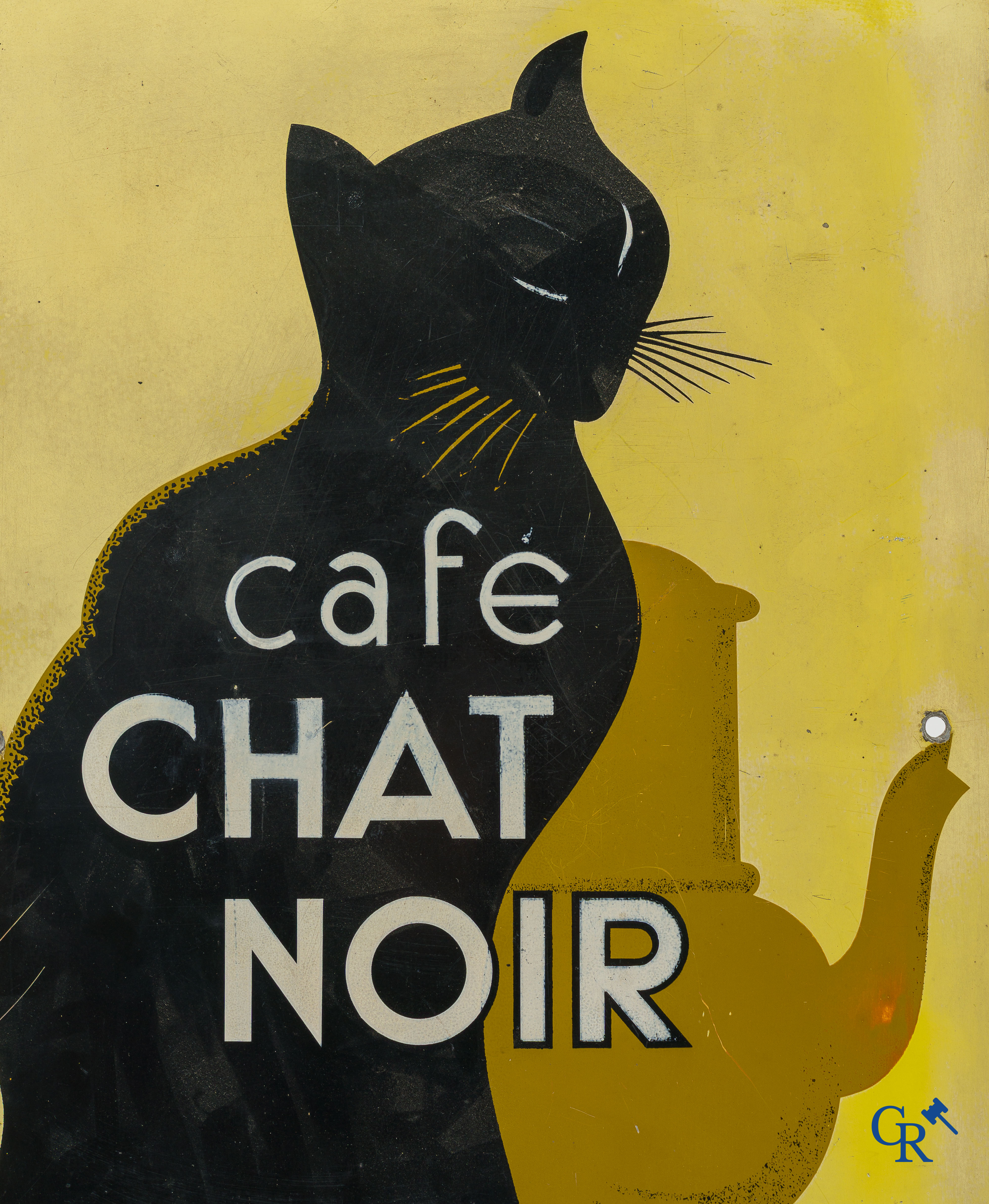 Café Chat Noir. Publiciteitsbord op aluminium voor koffies "De Zwarte Kat" van Douwe Egberts. Foremail TPB 578/23/63.