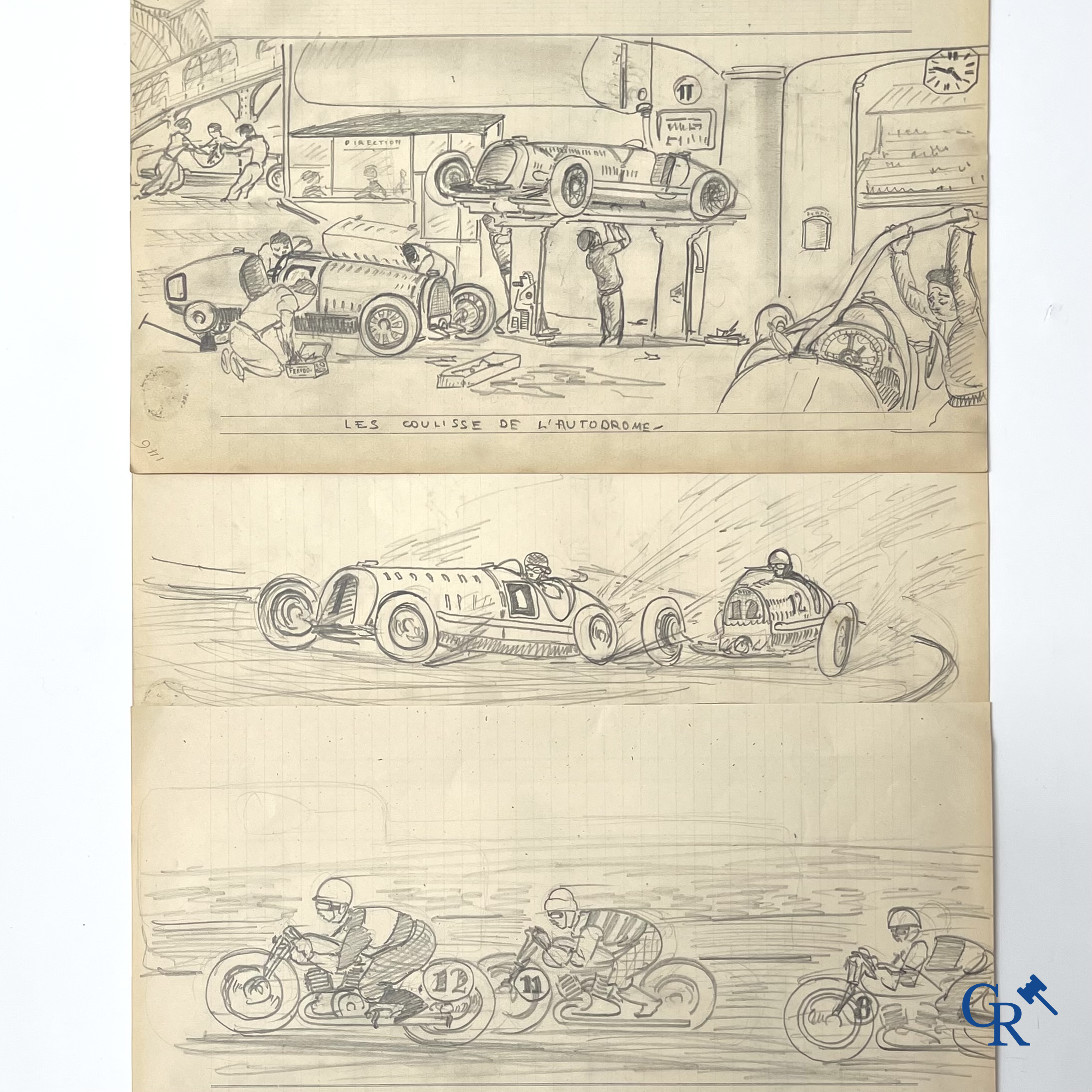Georges M. Baltus (Kortrijk 1874-Overijse 1967) 3 Schetsen aangaande auto- en motorsport. Circa 1930.