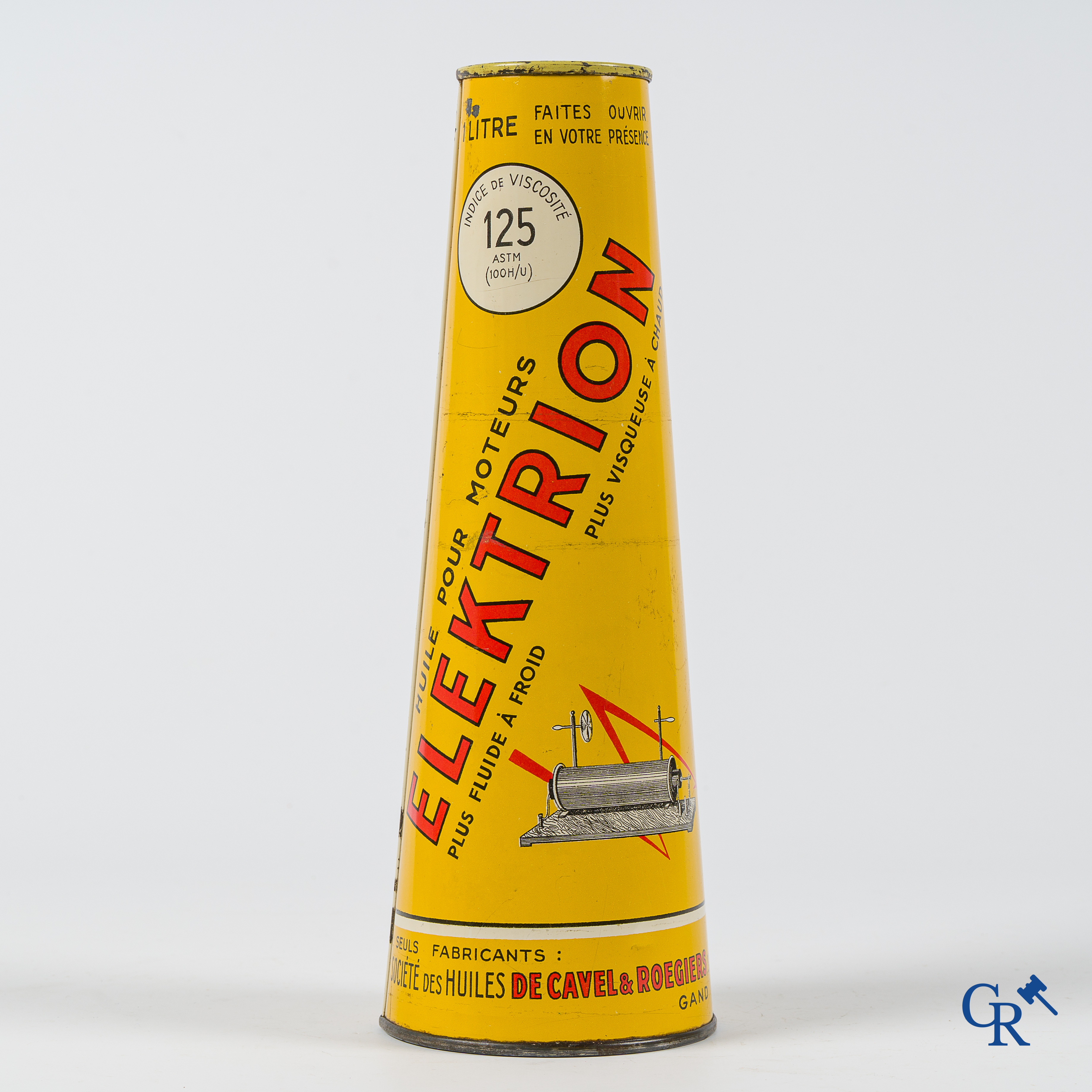 Elektrion, conisch olieblik 1 Liter. Société des Huiles De Cavel & Roegiers S.A. Gand. Ets. J.B. Gabriels Bruxelles.