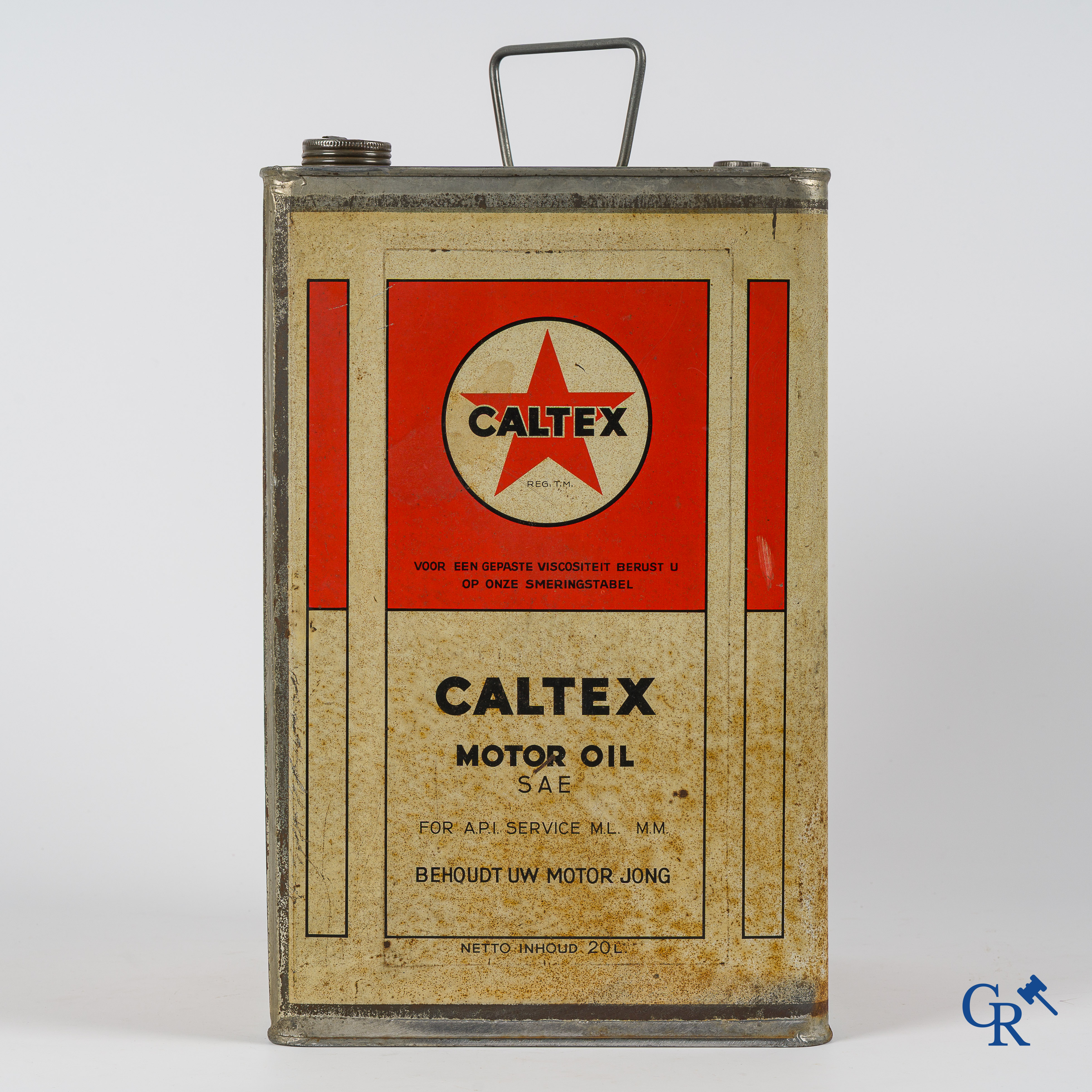 Caltex Motor Oil, Groot olieblik, 20L. Zeldzame Belgische uitvoering. "Behoudt uw motor jong". Jaren '40.