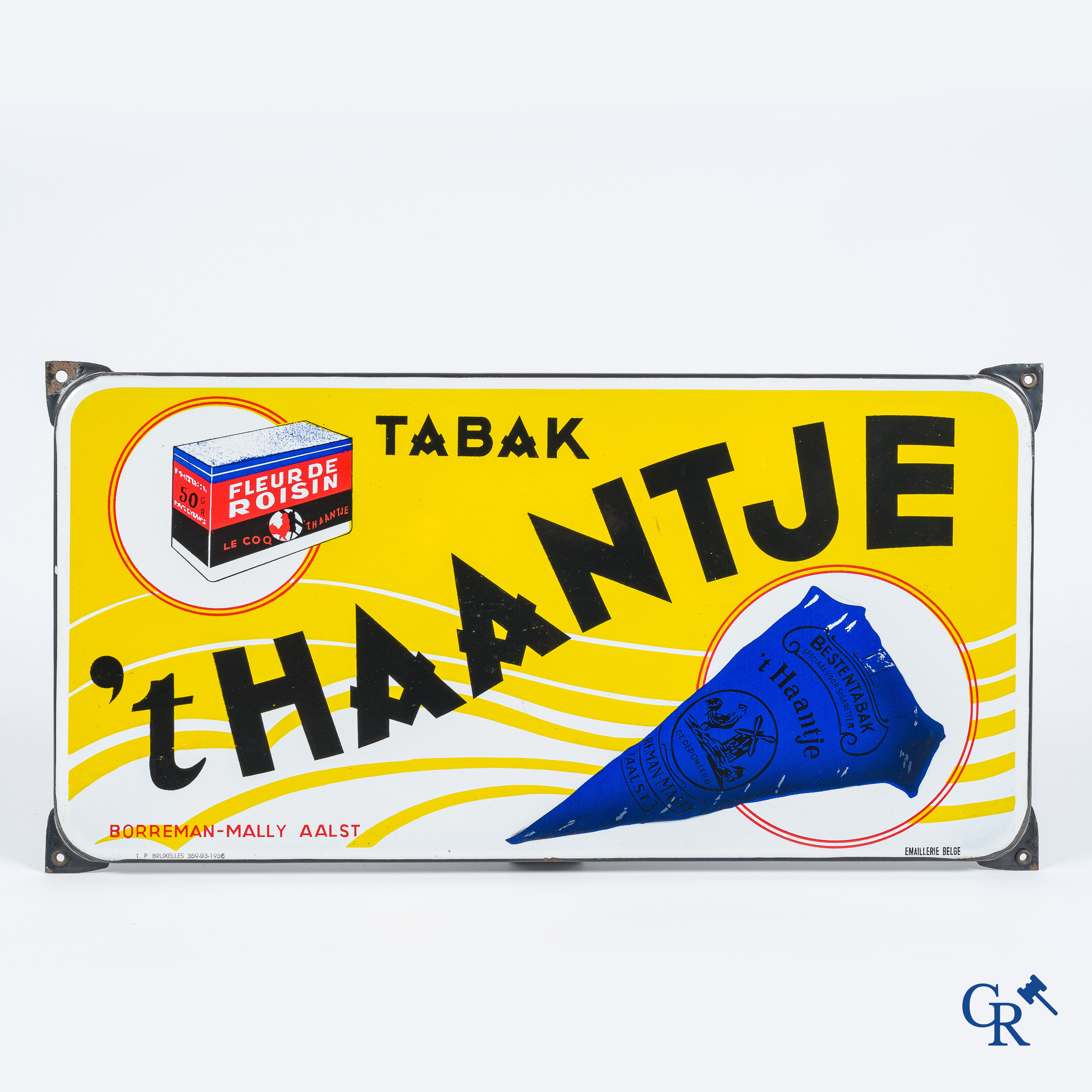Emaille reclamebord voor de tabaksfabriek 't Haantje van de familie Borreman-Mally te Aalst. Emaillerie Belge, 1956.