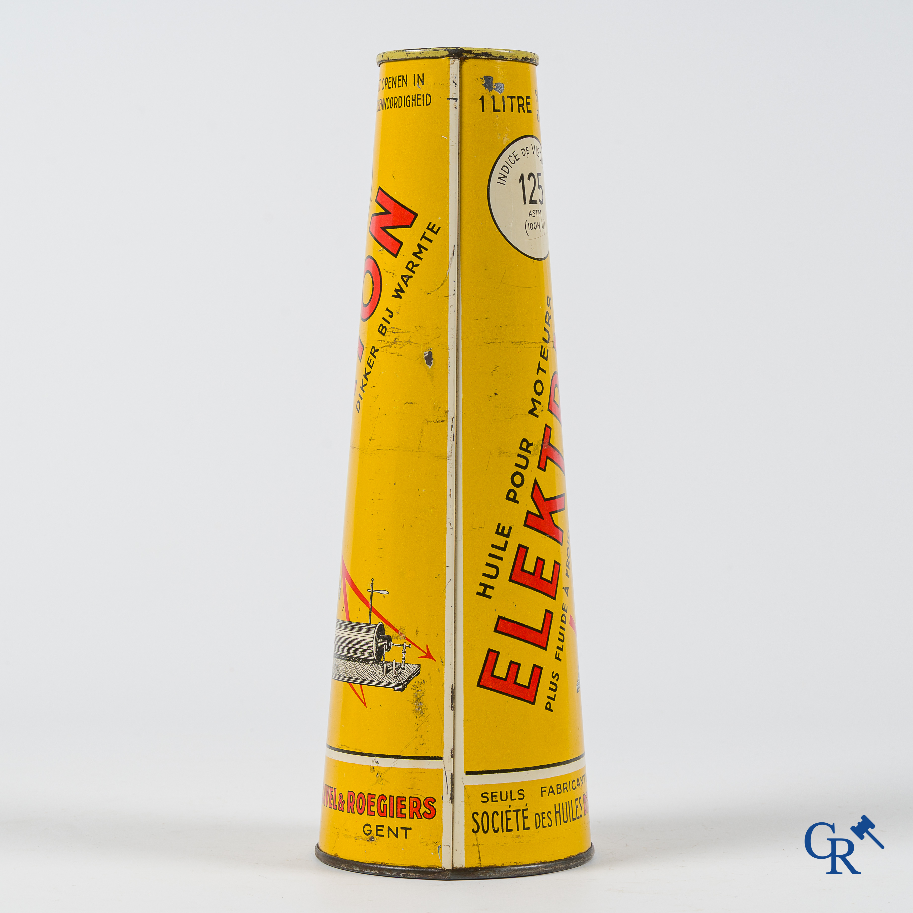 Elektrion, conisch olieblik 1 Liter. Société des Huiles De Cavel & Roegiers S.A. Gand. Ets. J.B. Gabriels Bruxelles.