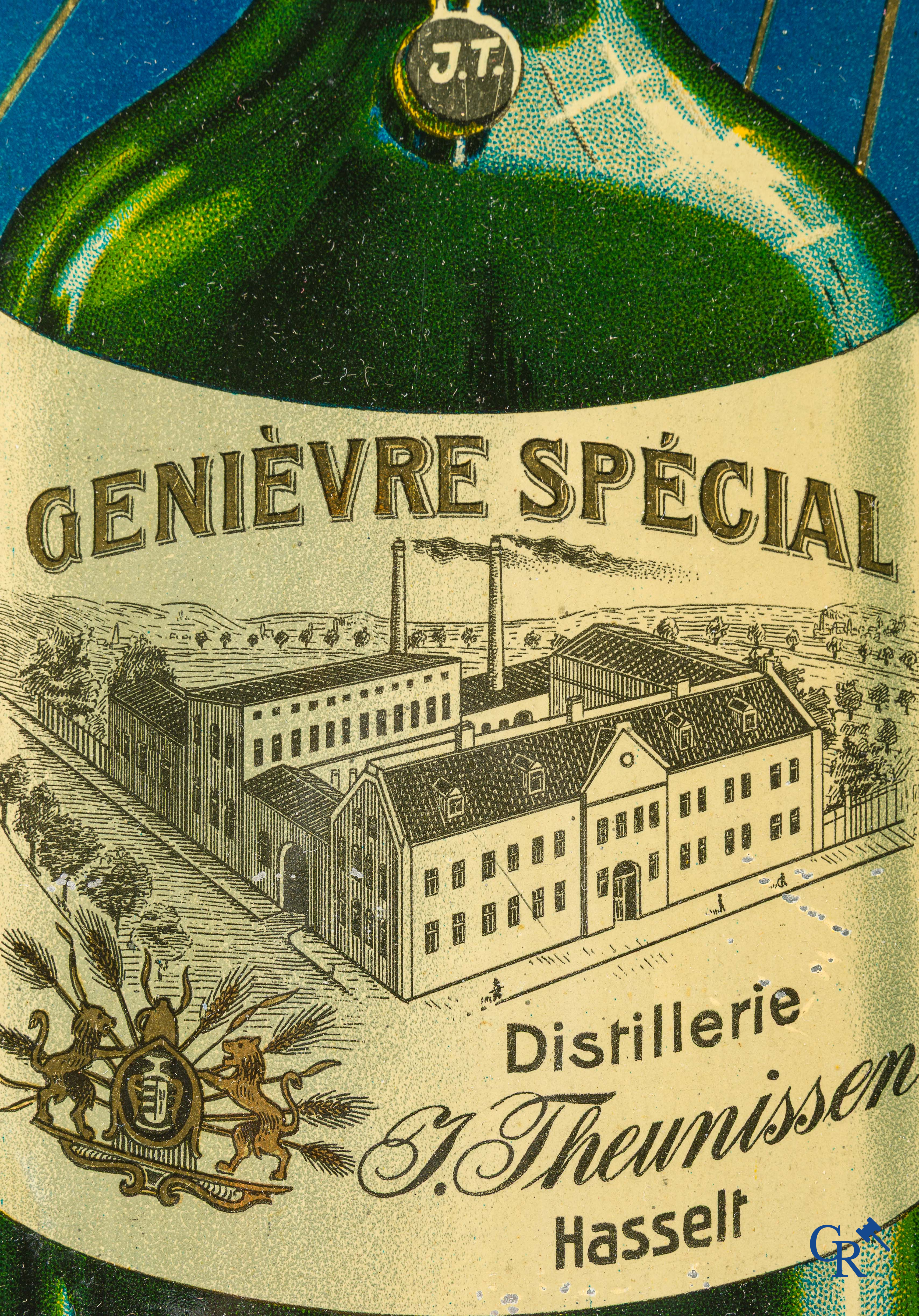 J. Theunissen Hasselt. Publiciteit in beschilderd metaal voor Speciale Oude Hasseltse Jenever. Jaren '20-30.
