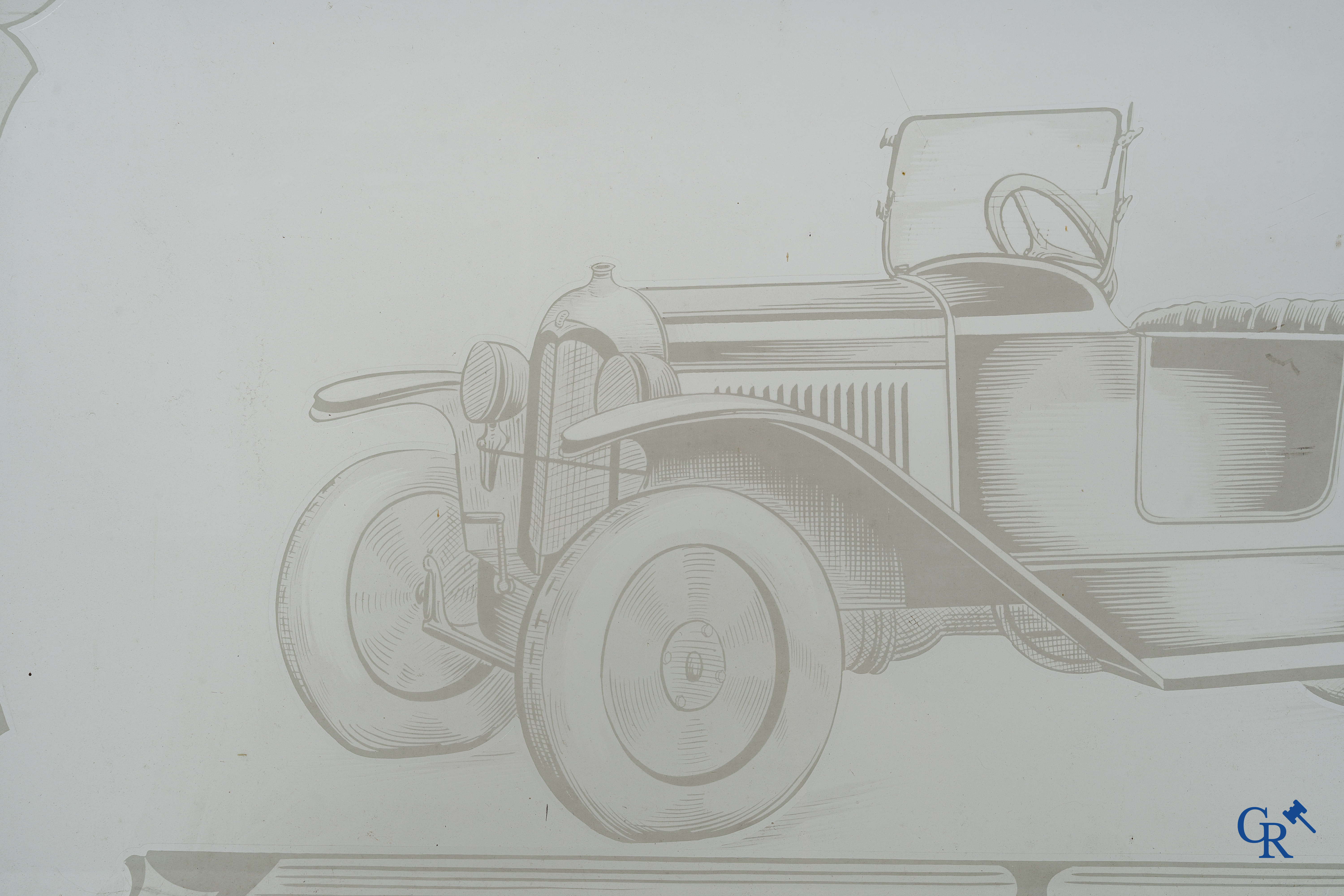 Automobilia. 2 geëtste ramen met voorstelling van een Citroën Torpedo en een Berliet bestelwagen. Circa 1925 -1930.
