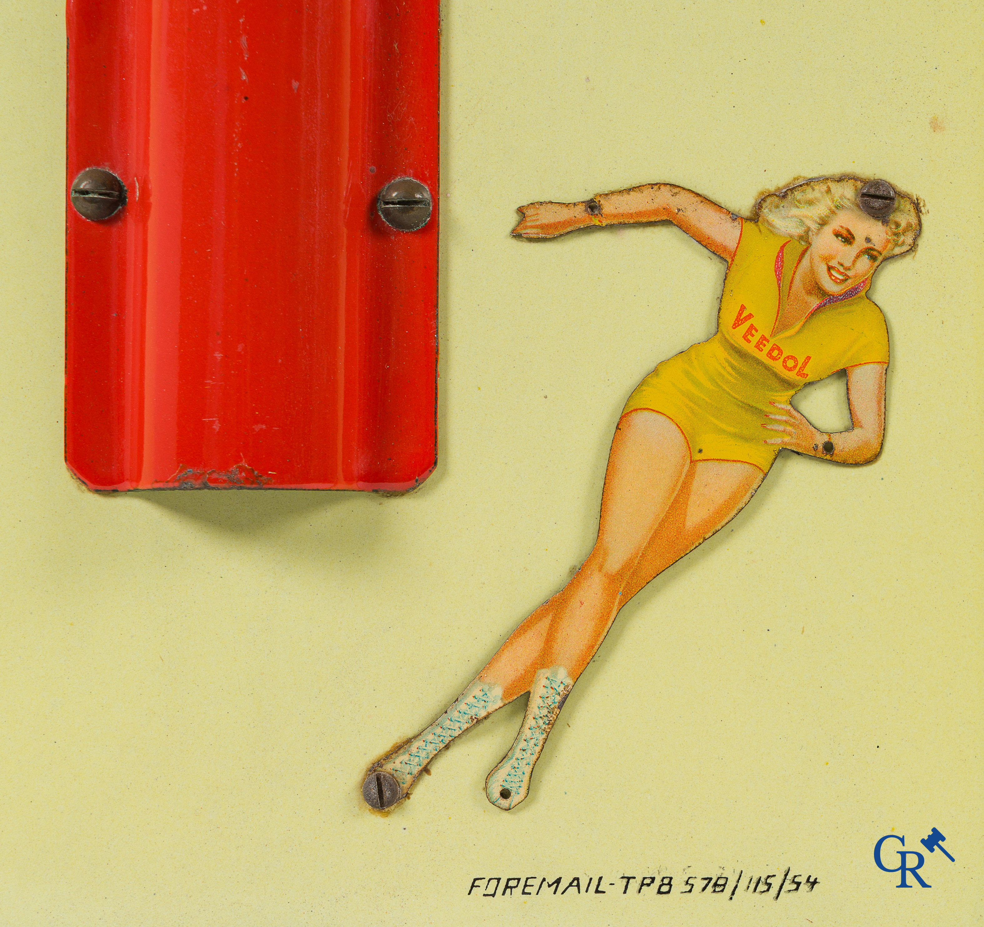 Veedol motor oil. Grote publiciteits thermometer met origineel opgeschroefde Pin-up. Foremail 1954.
