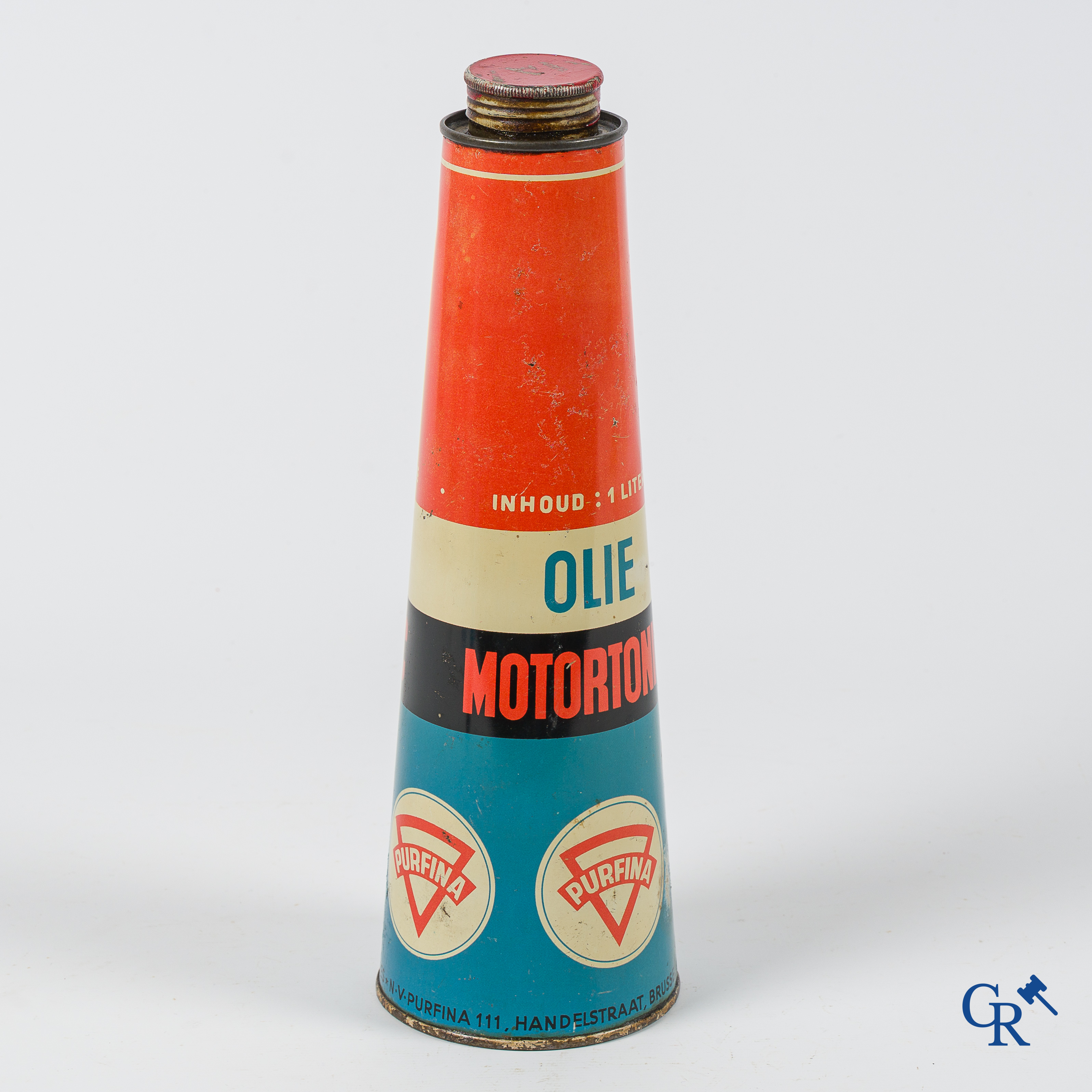 Purfina, conisch olieblik 1 Liter. Olie Motortonic. N.V. Purfina, 111 Handelstraat Brussel.