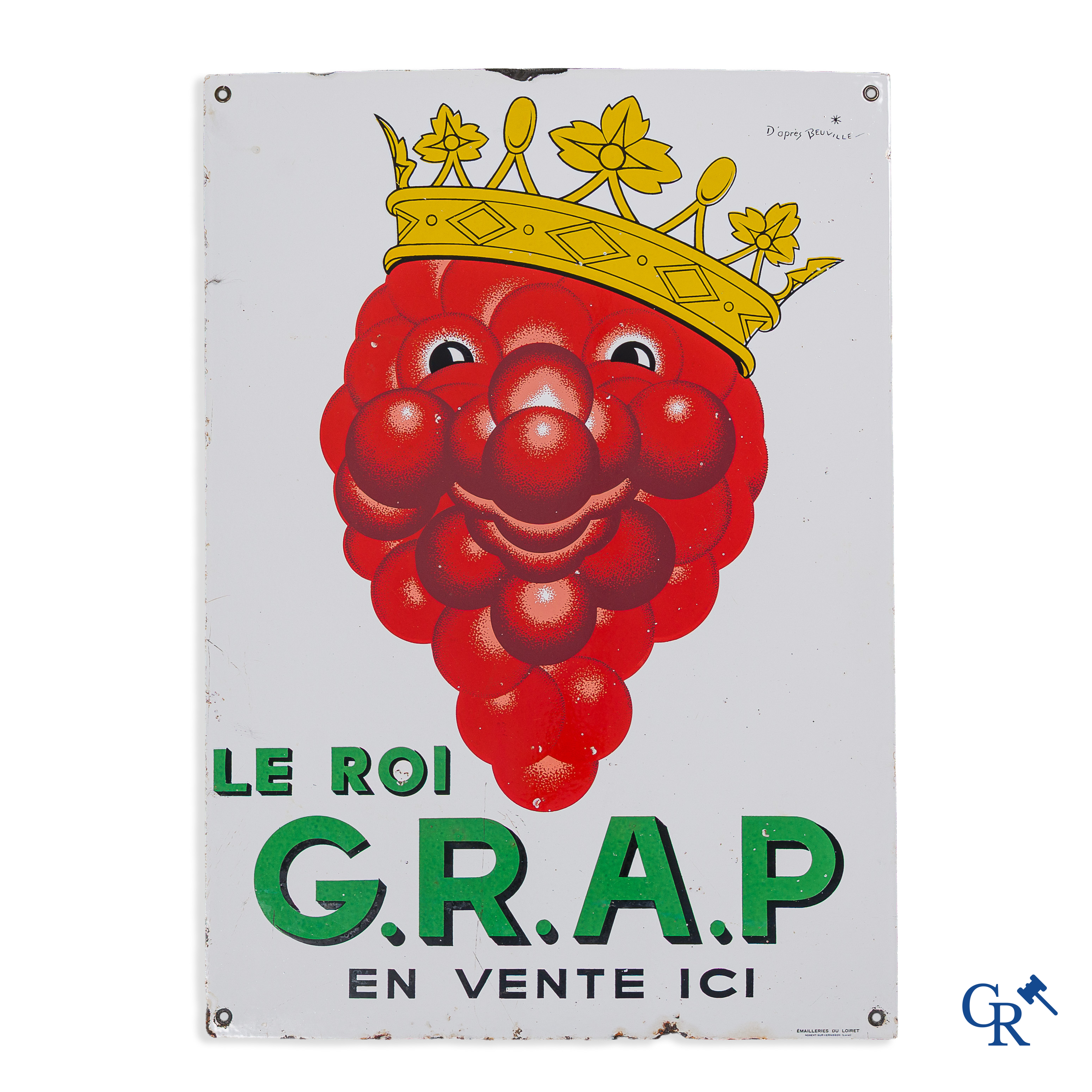 Georges Beuville (1902-1982) Le Roi G.R.A.P. Emaille reclamebord, zeldzame grote versie. Emailleries du Loiret.
