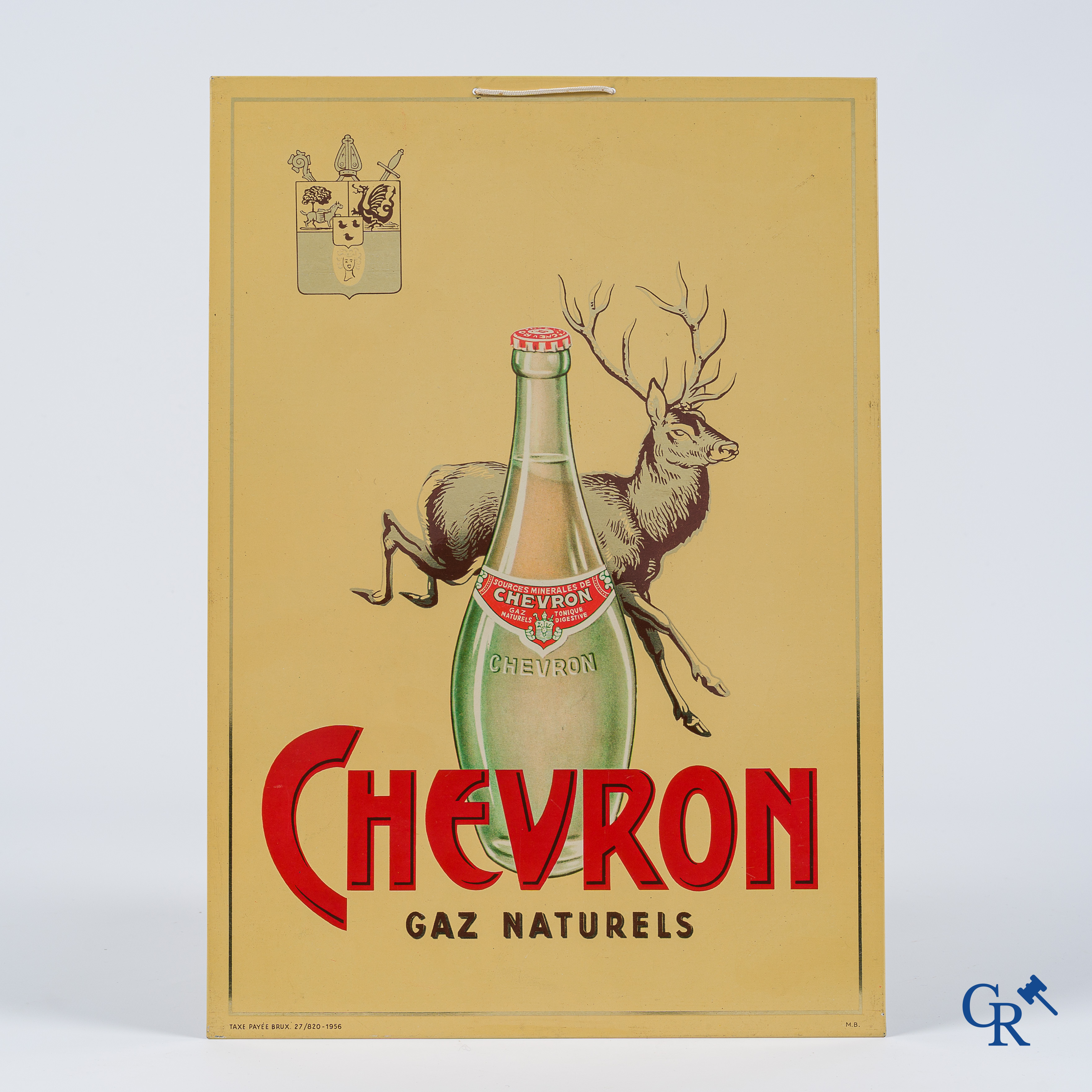 Chevron, Gaz naturels. Publiciteit in bedrukt blik voor de mineraalbronnen van Chevron. Taxe Payée Bruxelles 1956.