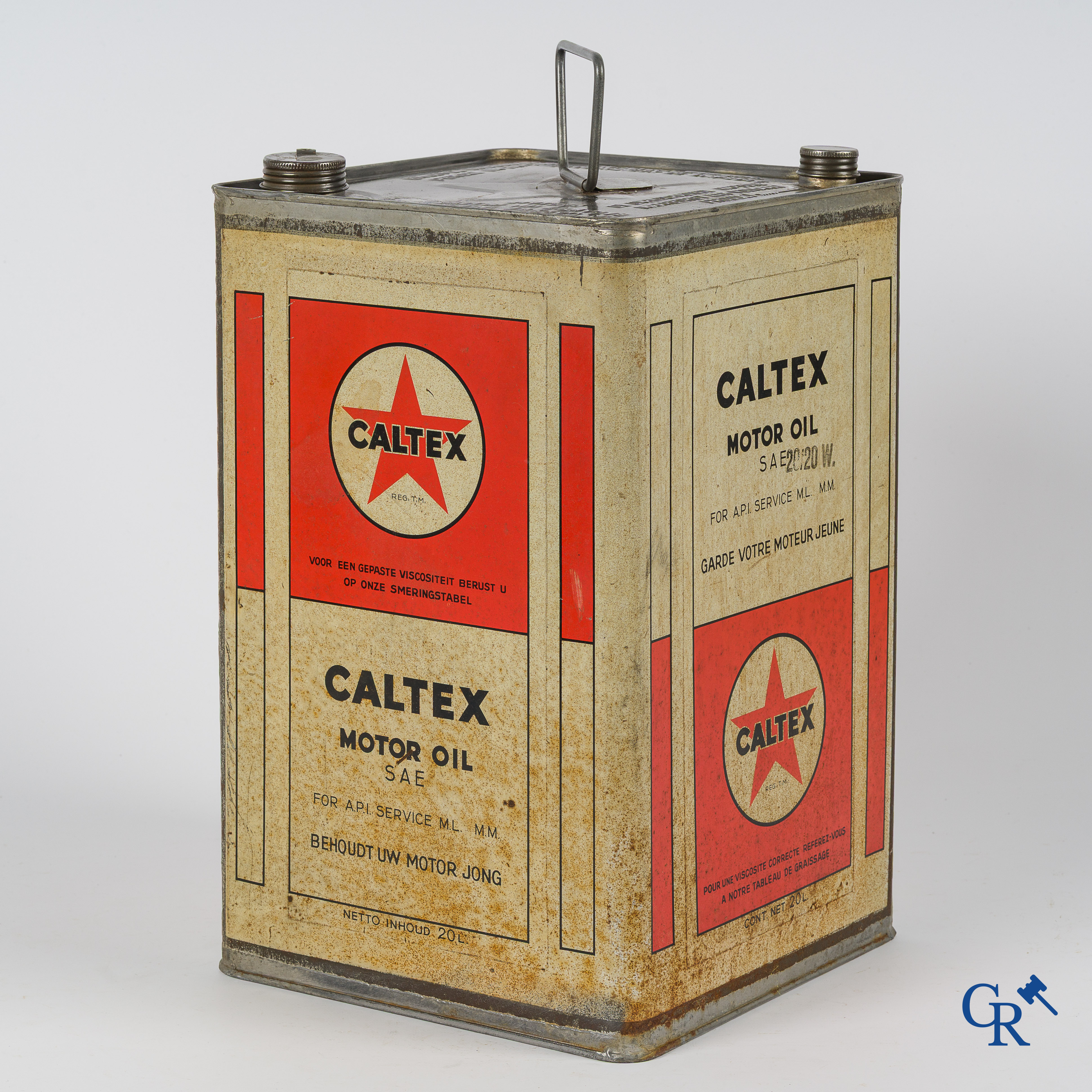 Caltex Motor Oil, Groot olieblik, 20L. Zeldzame Belgische uitvoering. "Behoudt uw motor jong". Jaren '40.