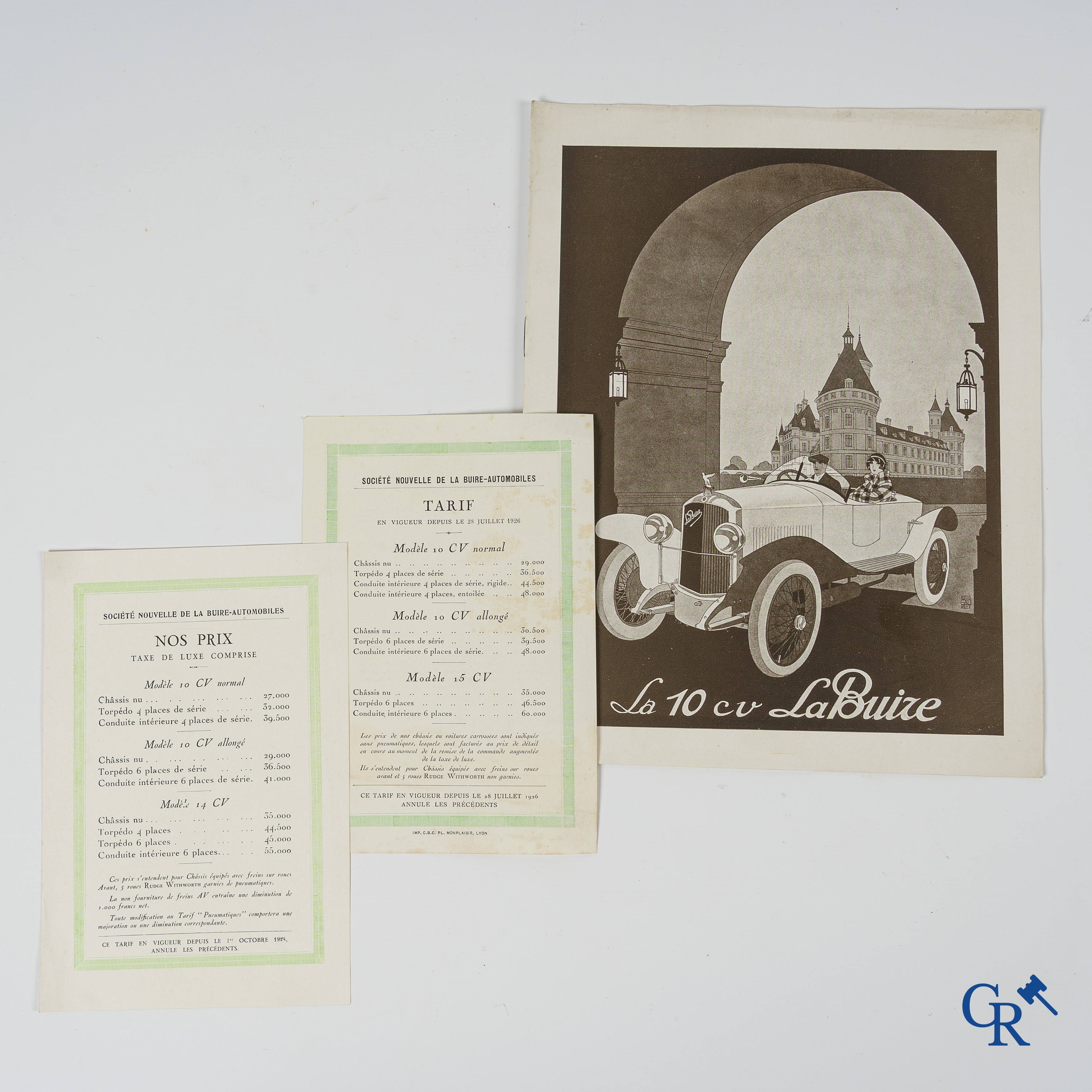 La Buire. Luxe publiciteitsfolder uit 1926 geïllustreerd door Géo Gaumet en 2 prijslijsten uit 1924 en 1926.