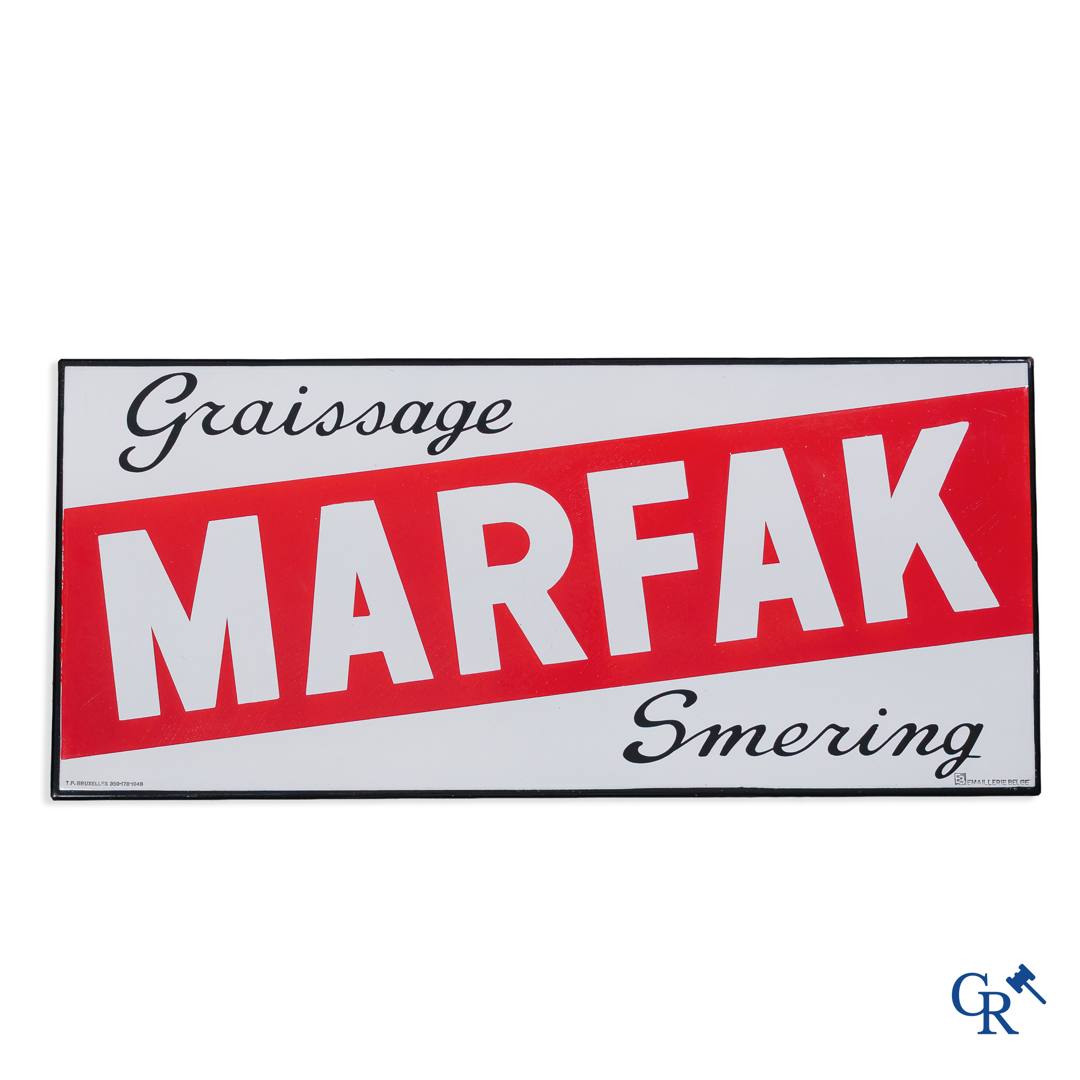 Marfak, Graissage - Smering. Dubbelzijdig emaille uithangbord voor de Marfak producten van Caltex. 1948.