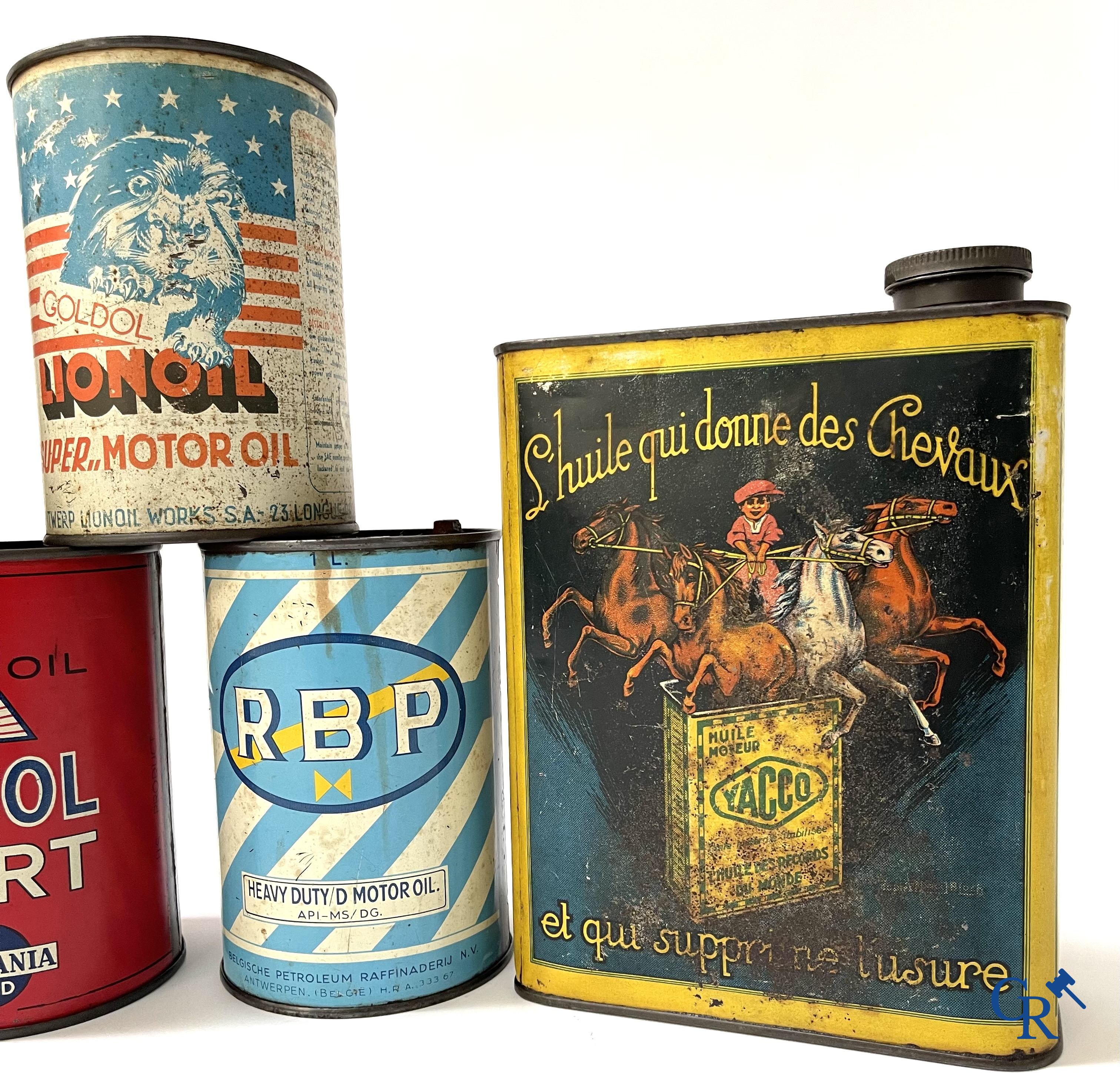 Automobilia. 8 Olieblikken. Atlantic, Cotriol Sport, Denicol, Gulf, Neveol Trading, Yacco, RBP. Jaren '40-'50.