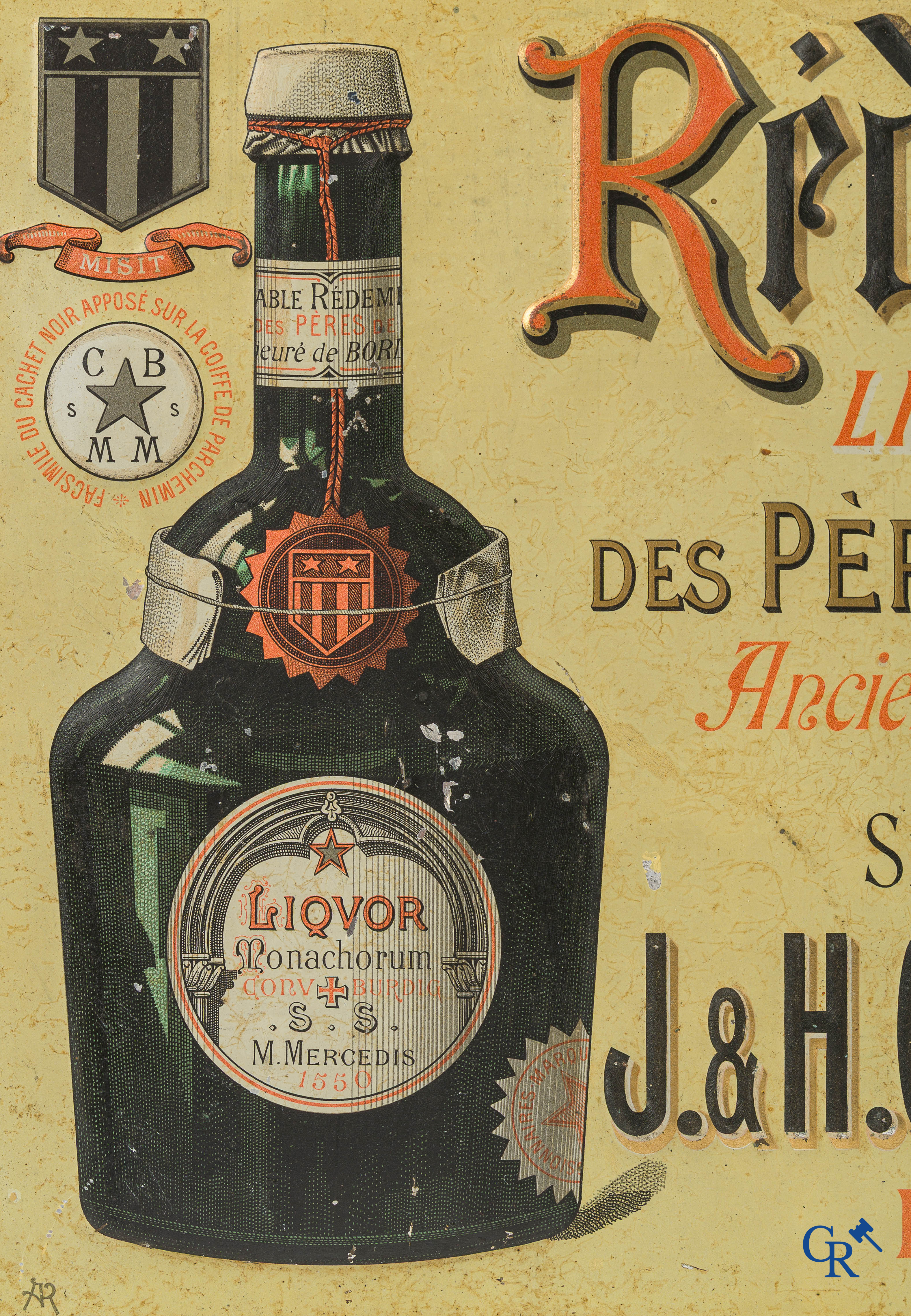 J&H Garres-Fourché. Rédemptine, Liqueur-Elixir des Pères de la Mercy. Publiciteit op blik. Circa 1910-1920.