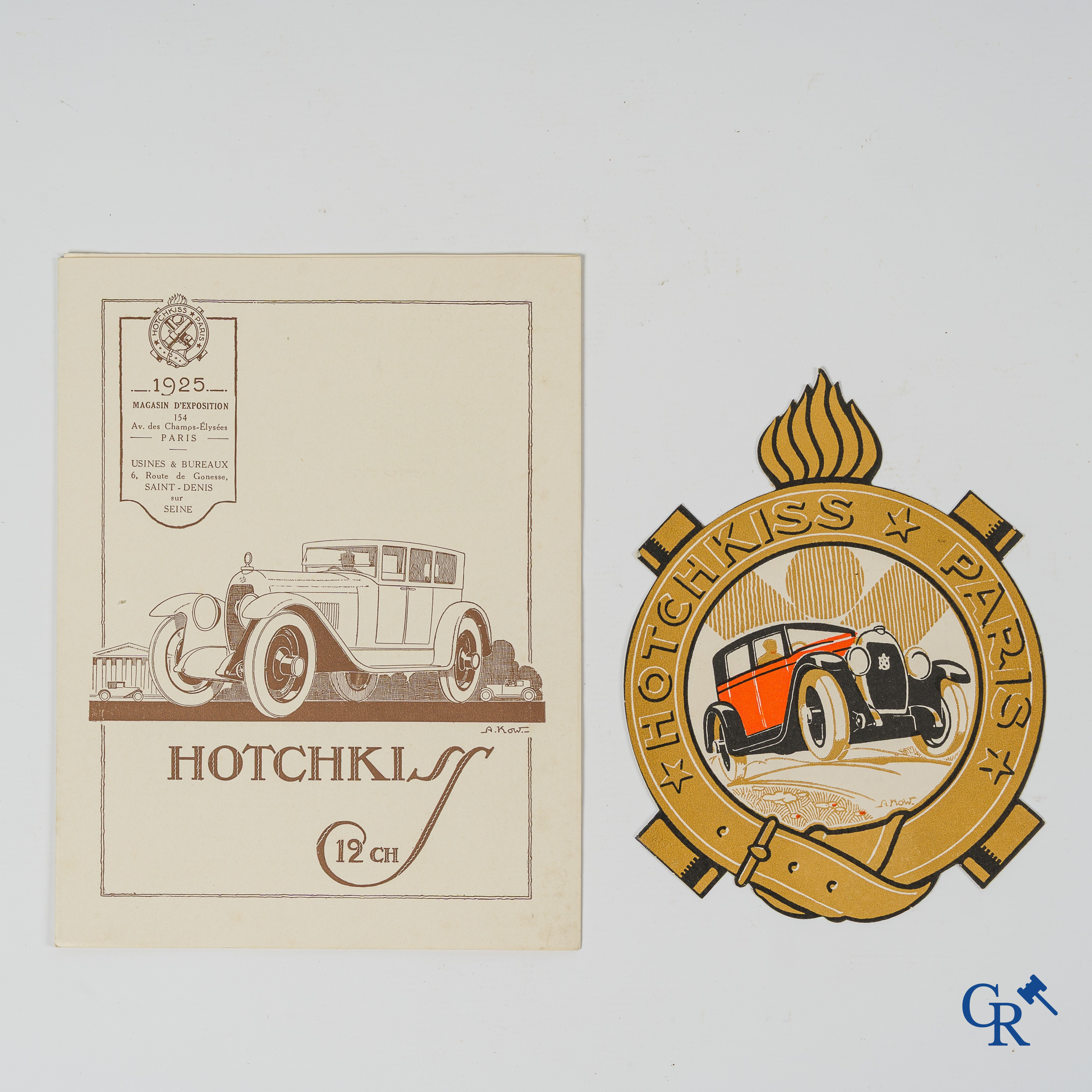 Alexis Kow voor Hotchkiss. Publiciteitsfolder met prijslijst voor de Hotchkiss 12 CH en een embleem. 1925.