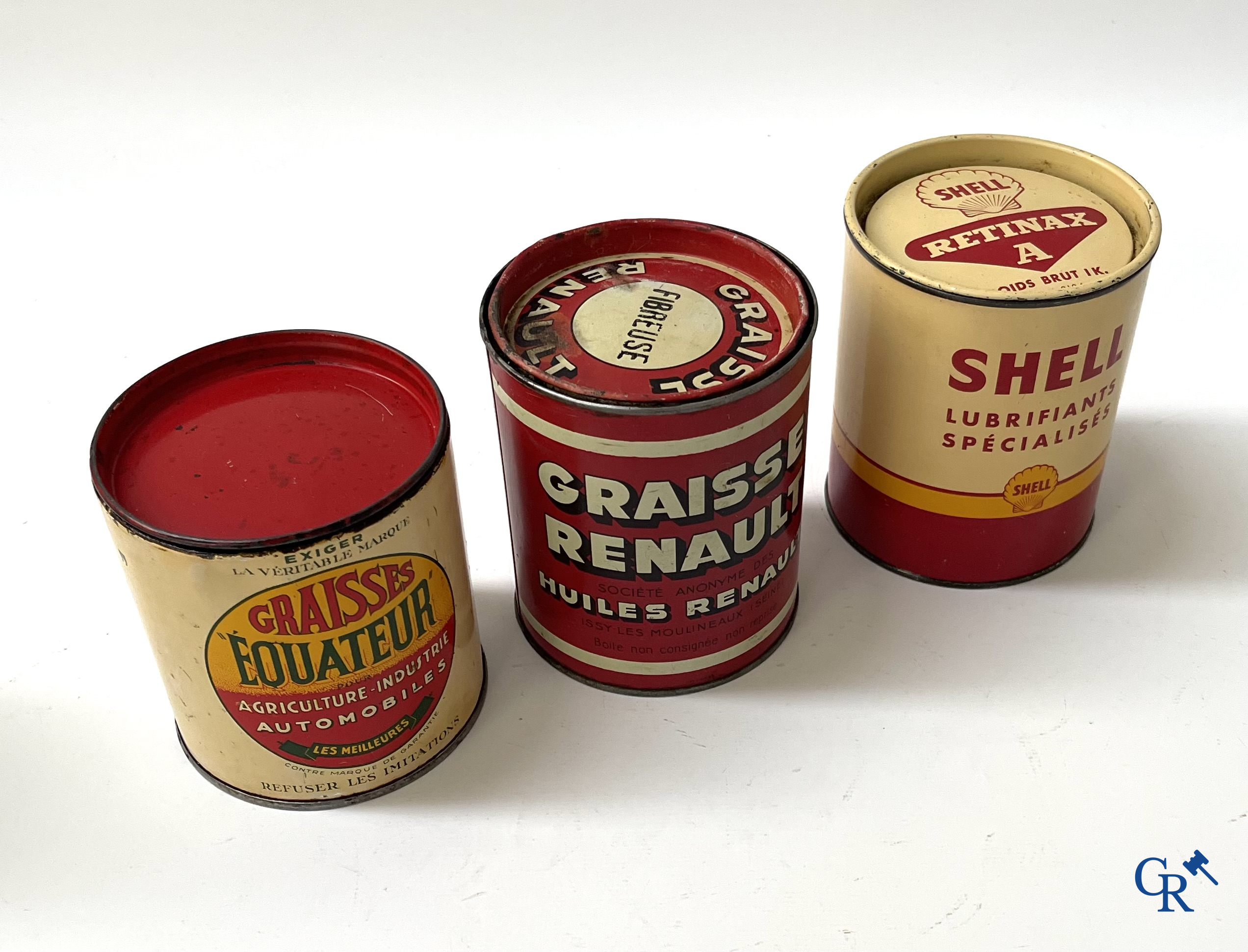 Automobilia. 6 blikken voor autosmering. Graisse Renault, Equateur, Motorine Veedol, Hamelin, Shell. Jaren '50.