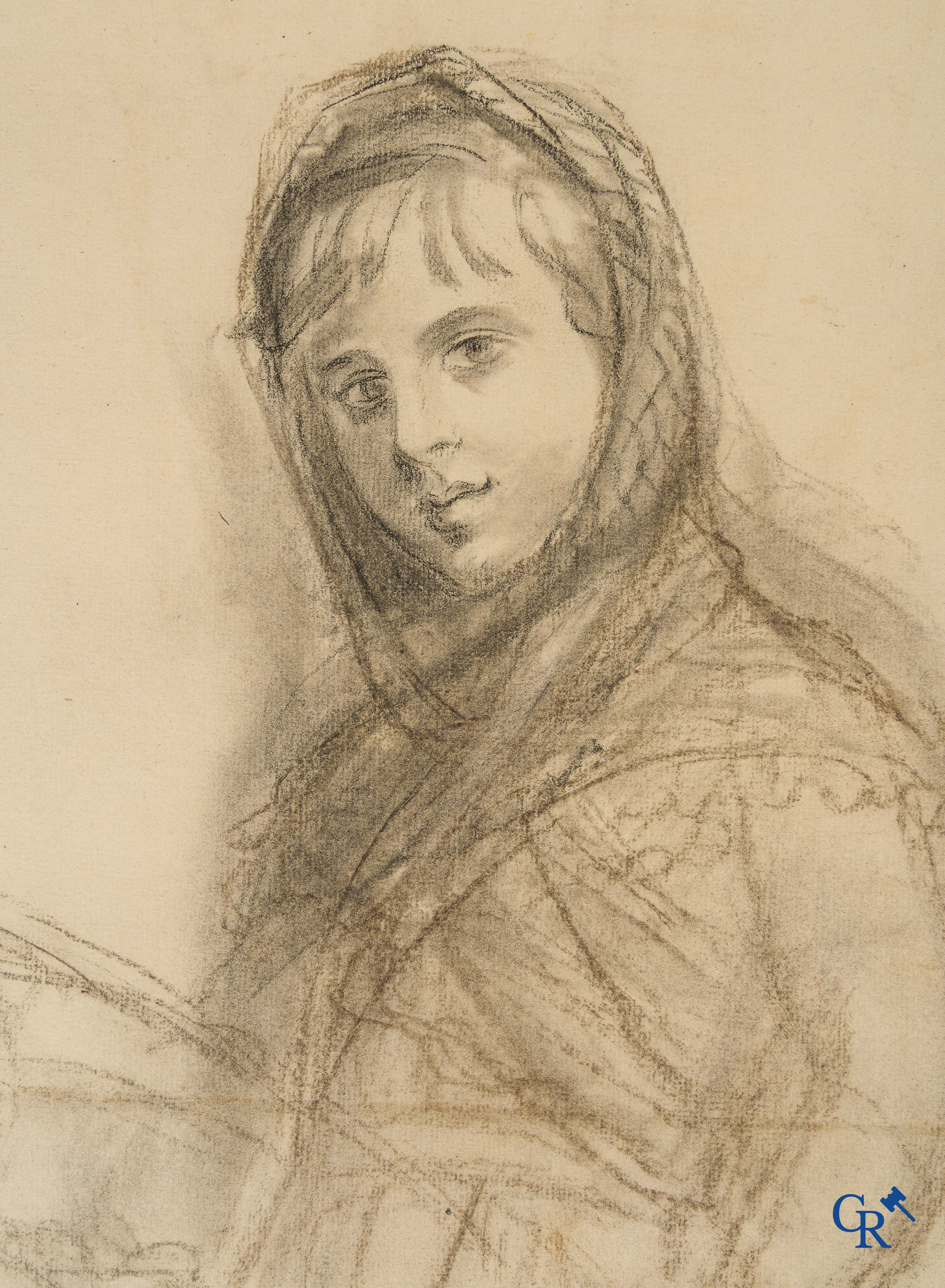 Firmin Bouisset (1859-1925) Portret van een meisje. Project voor Chocolade Menier. Houtskool op papier.