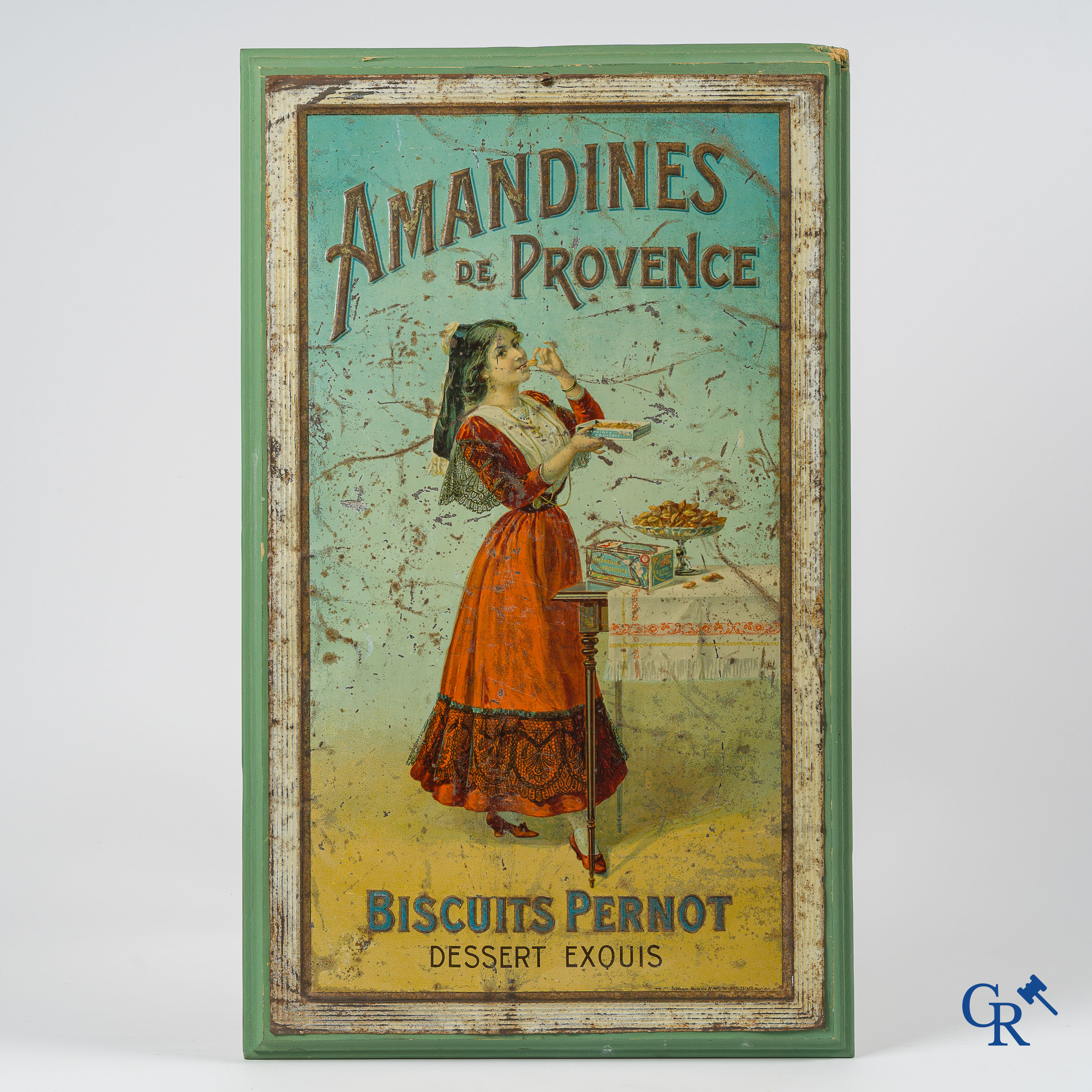 Amandines de Provence. Biscuits Pernot, dessert exquis. Zeldzame publiciteit in beschilderd blik. Circa 1910.