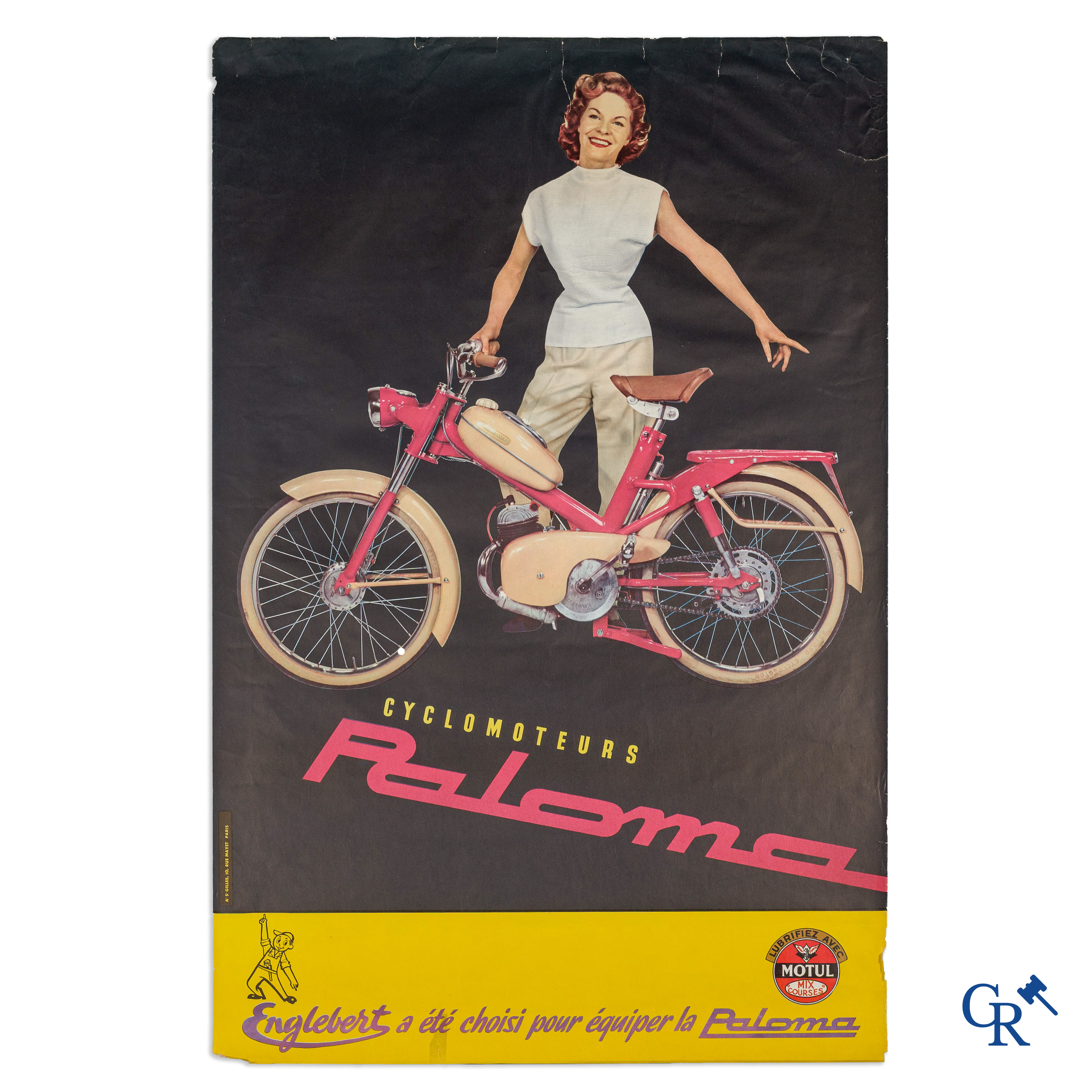 Cyclomoteurs Paloma. Jaren '60  affiche voor bromfietsen. Affiche gedrukt in samenwerking met Englebert banden en Motul.