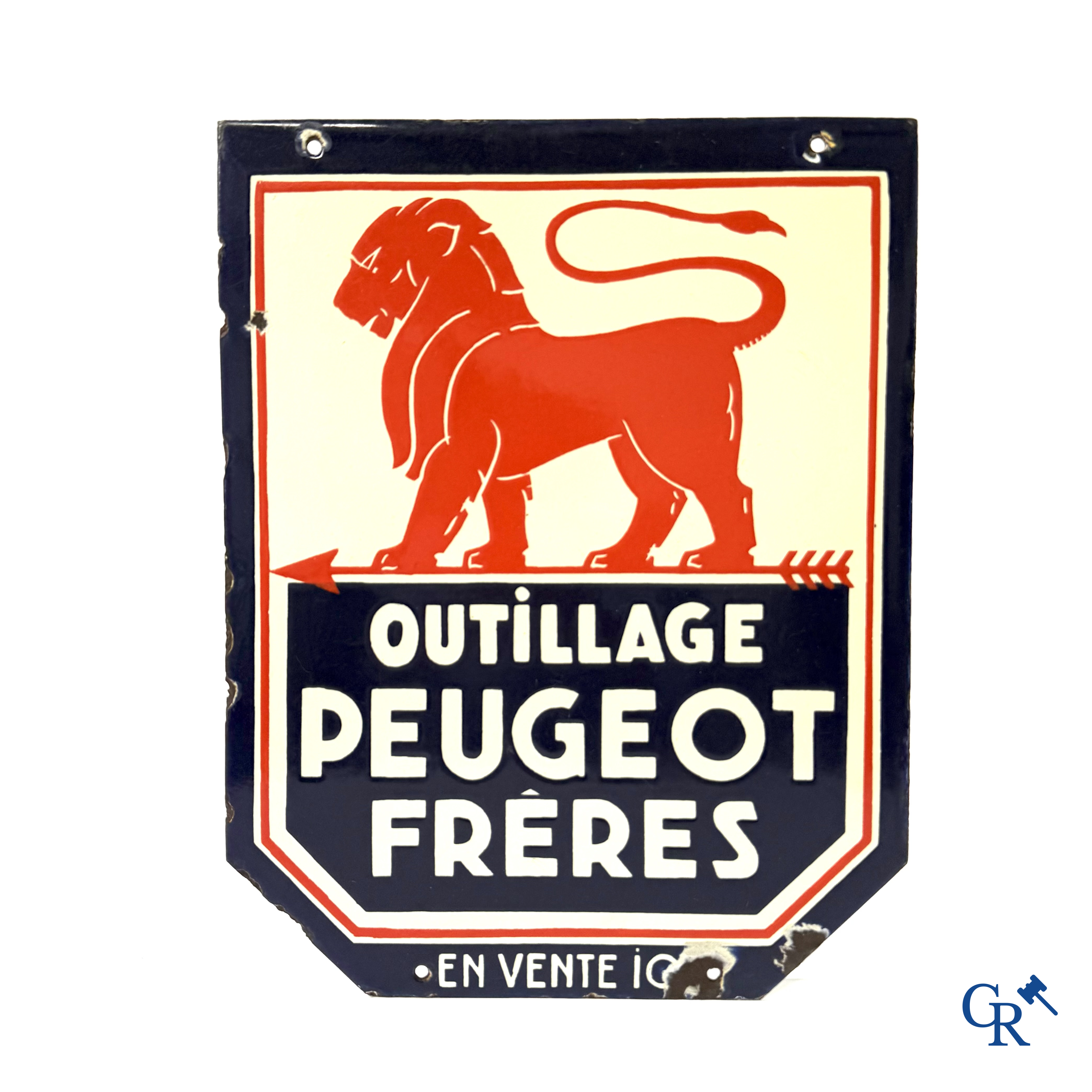 Peugeot frères, dubbelzijdig geëmailleerd uithangbord voor Peugeot. 30'er jaren.