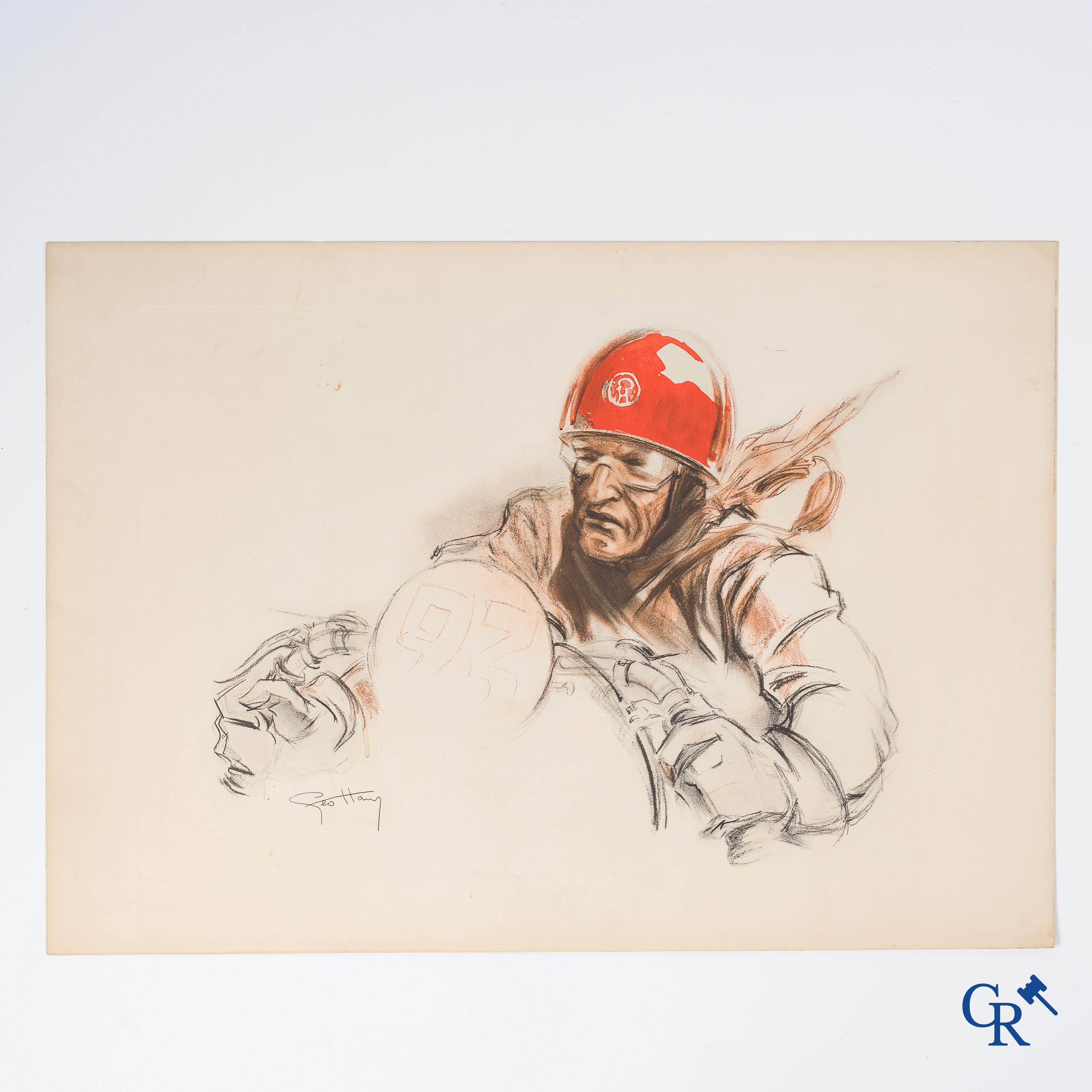 Géo Ham, Georges Hamel (1900-1972) Pilote au casque rouge. Originele kleuren lithografie.