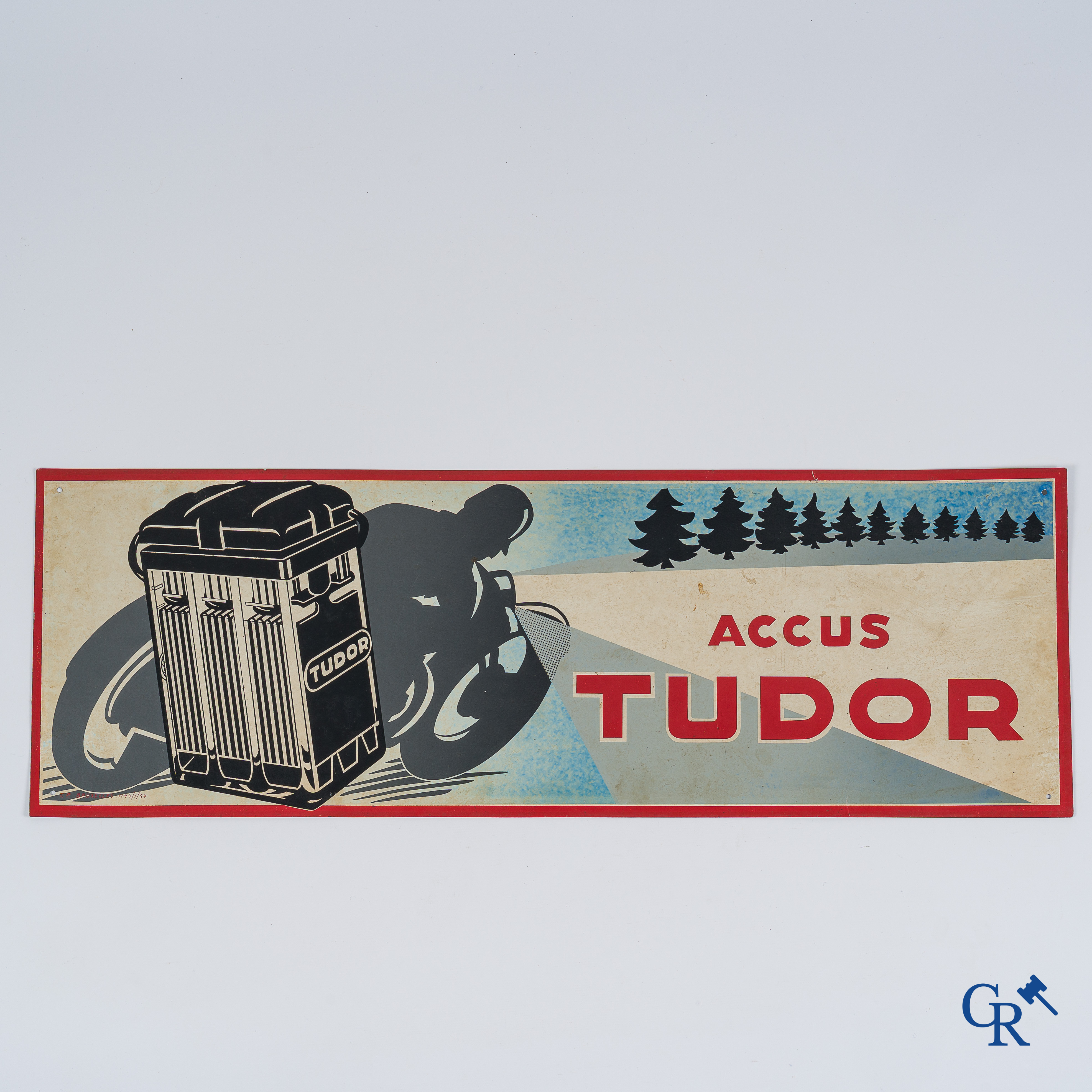 Accus Tudor. Publiciteitsbord in bedrukt metaal voor motorfiets batterijen van het merk Tudor. 