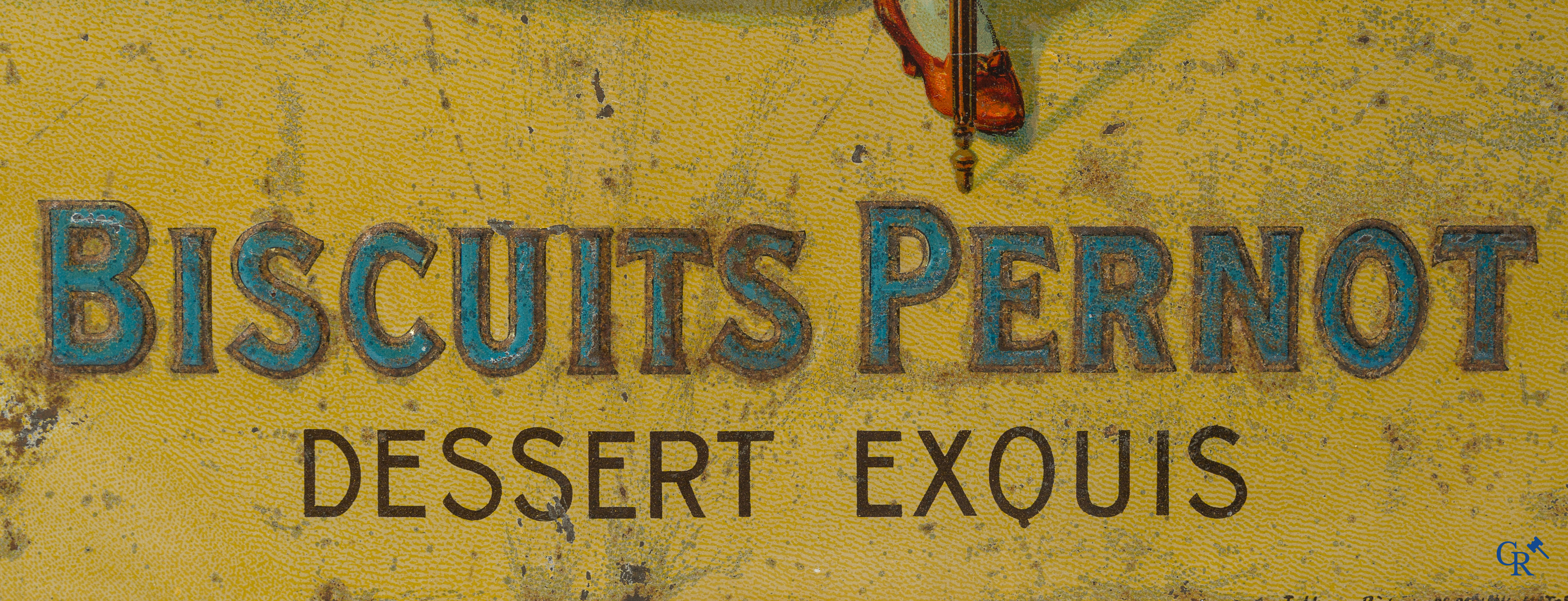 Amandines de Provence. Biscuits Pernot, dessert exquis. Zeldzame publiciteit in beschilderd blik. Circa 1910.