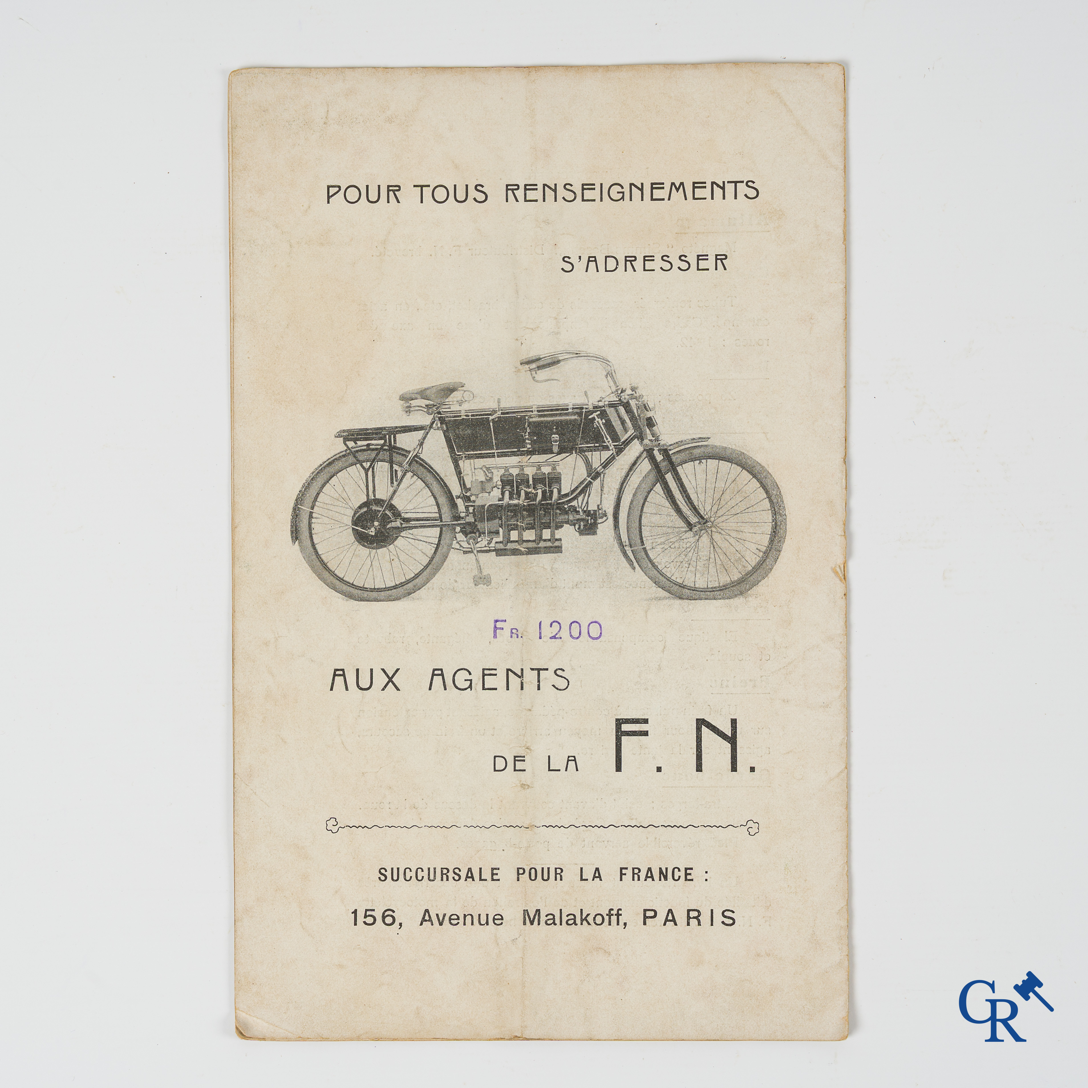 FN. Fabrique Nationale. Publiciteitsfolder-handleiding voor de 4 cilinder motorfiets F.N., model 1907.