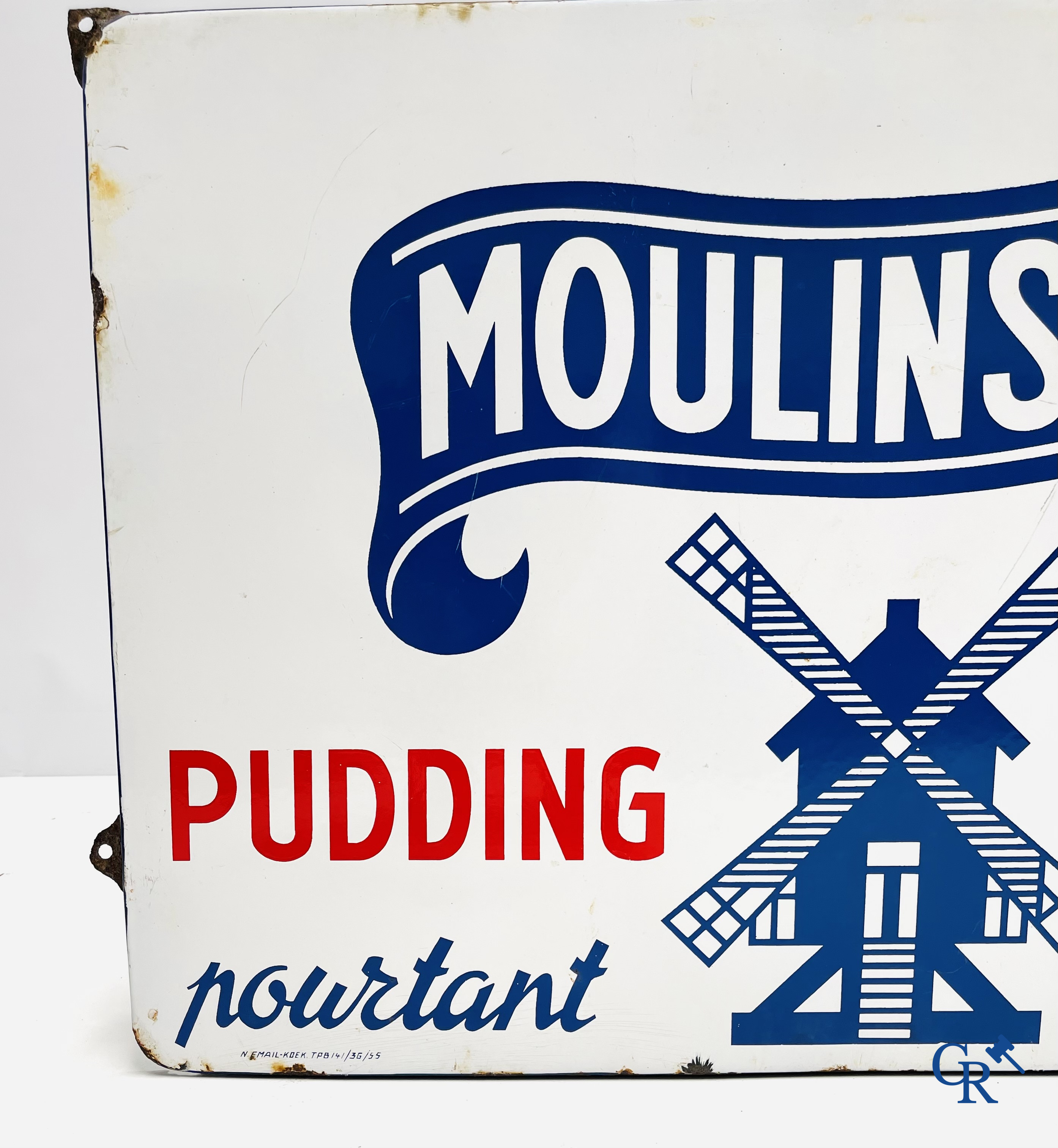 De 3 Molens, emaille reclamebord voor de pudding en havermoutproducten van de Belgische producent Les 3 Moulins.