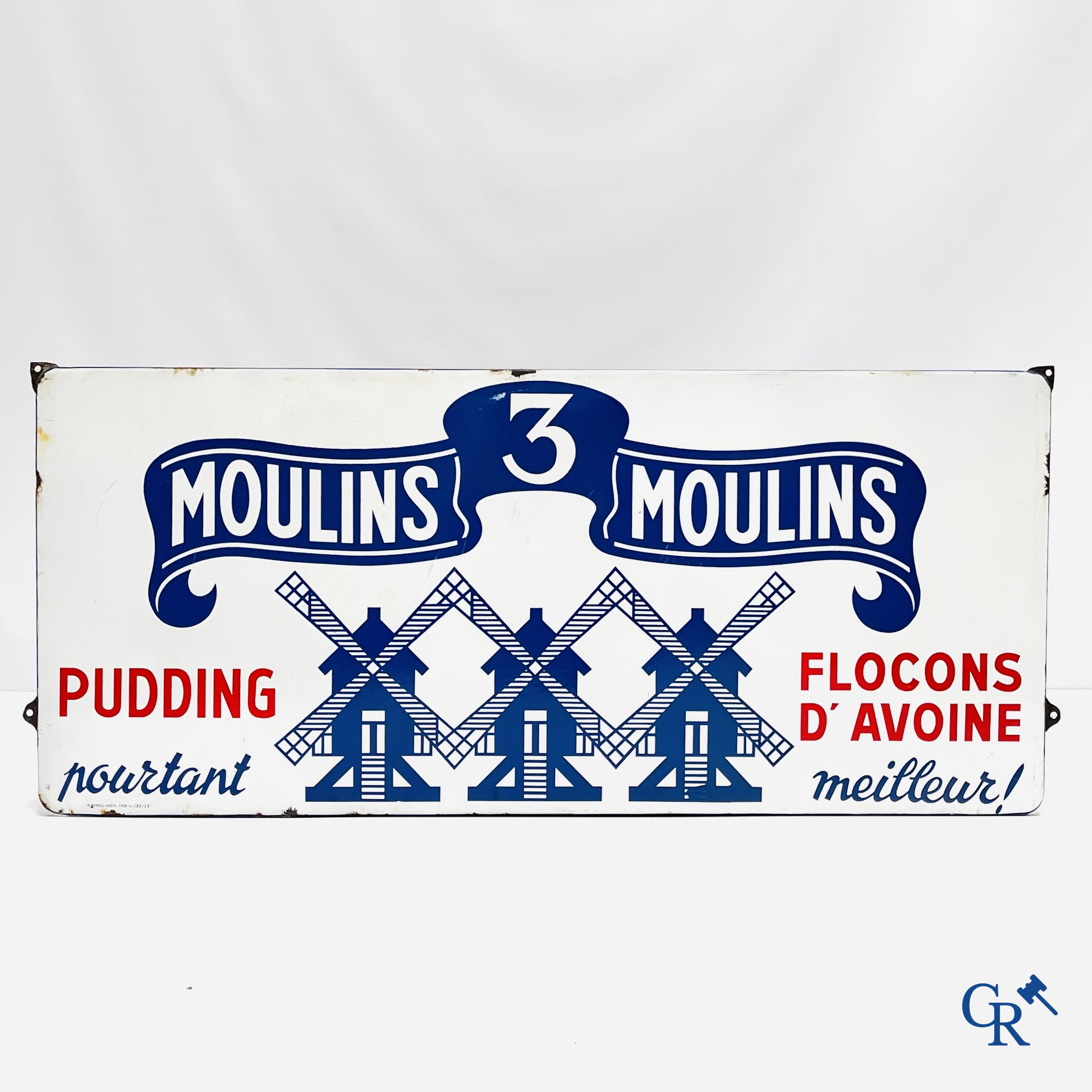 De 3 Molens, emaille reclamebord voor de pudding en havermoutproducten van de Belgische producent Les 3 Moulins.