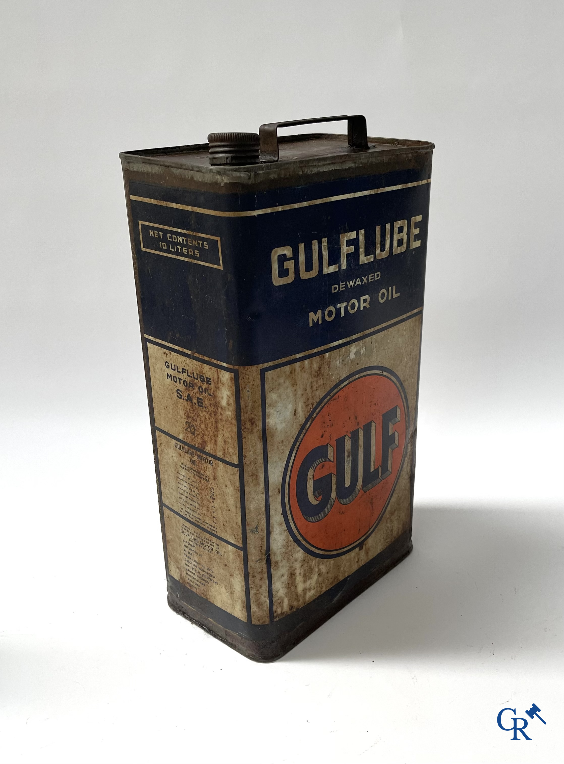 Automobilia, Lot olieblikken. Gulf, Gulflube Motor oil 10L., Cargoyle-Mobiloil, Bret-oil, Castrollo. Jaren '30-'40-'50.