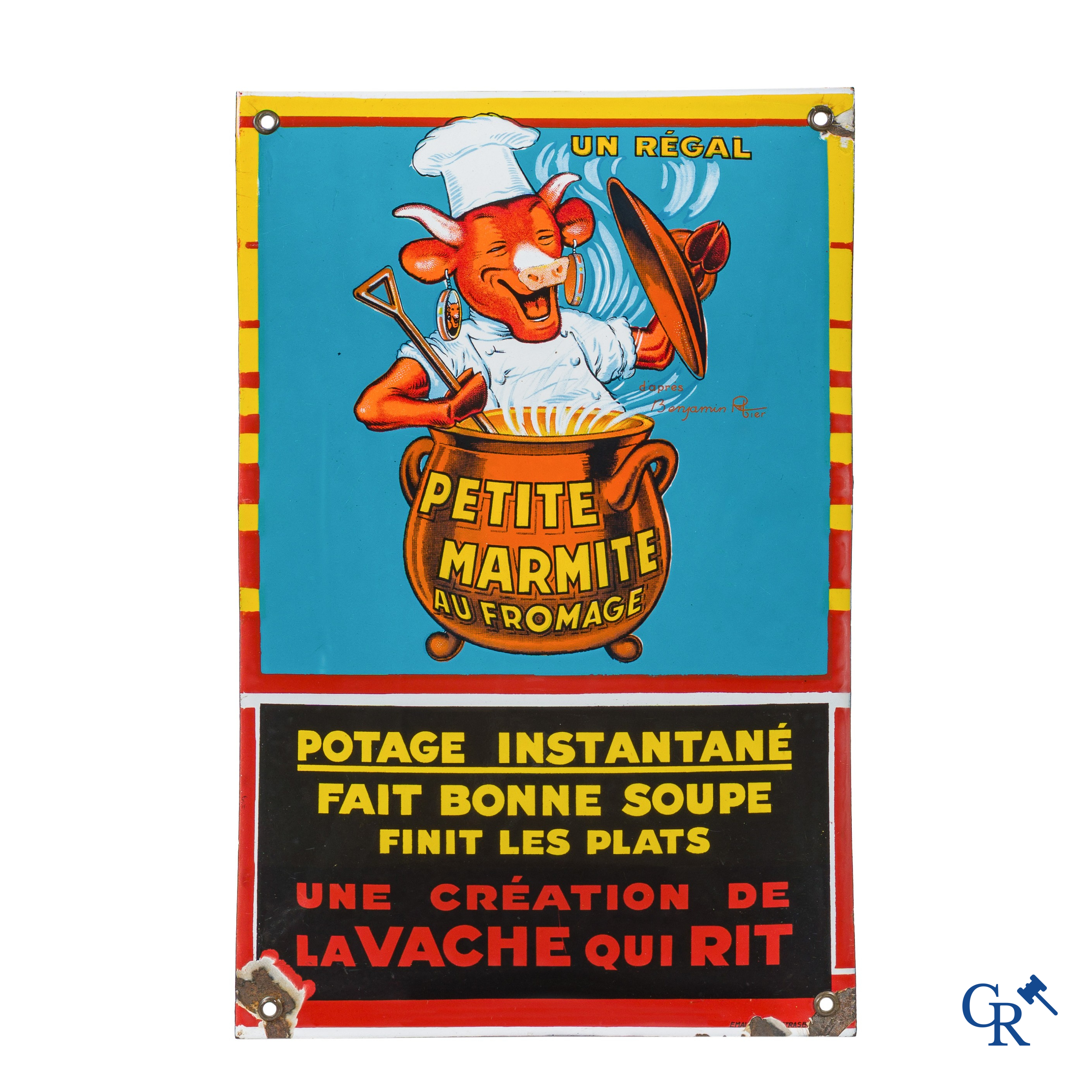 La Vache Qui Rit, zeldzaam emaille reclamebord. "Petite Marmite" naar een ontwerp van Benjamin Rabier. Circa 1930.