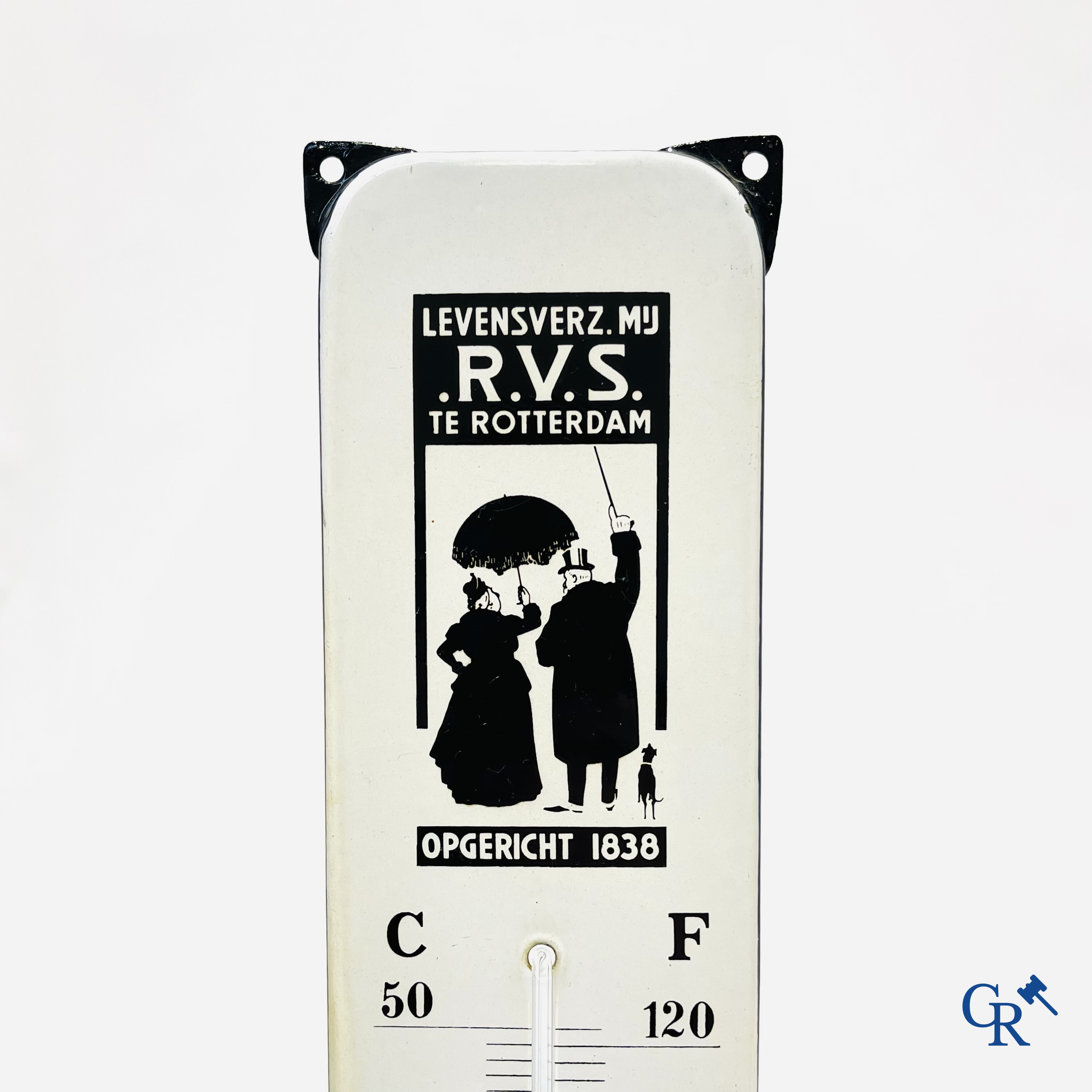 RVS, emaille reclame thermometer voor de Rotterdamse Verzekerings Sociëteit. Emaillerie Langcat Bussum.