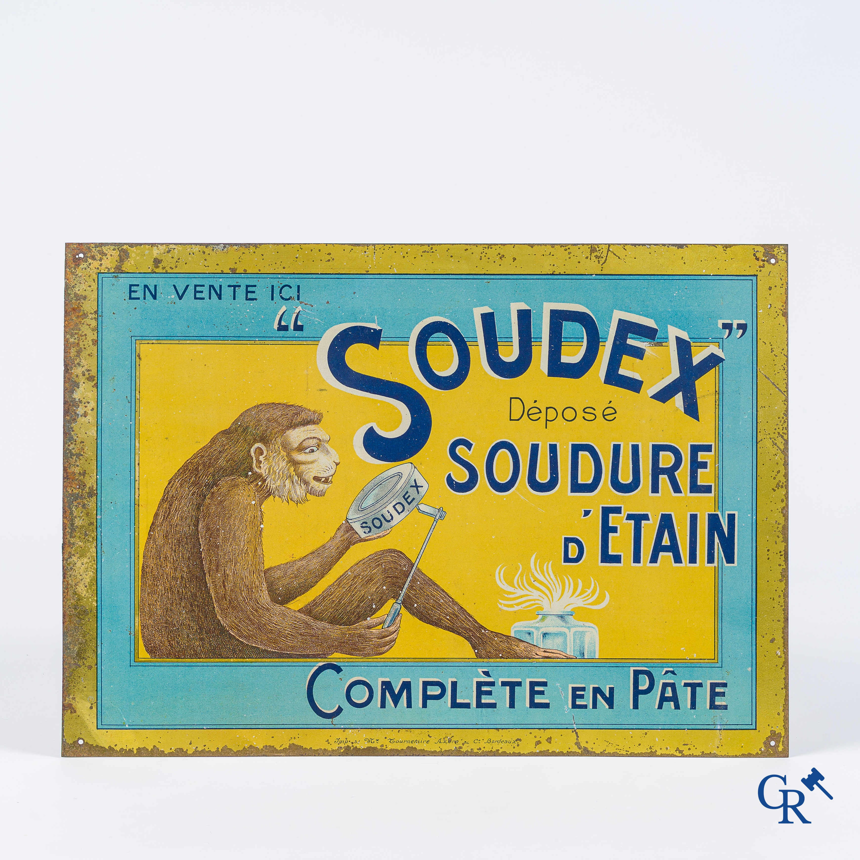 Soudex, Soudure d'étain, complète en pâte. En vente ici. Amusant blikbord met een aapje voor tin soldeer. Jaren '30.