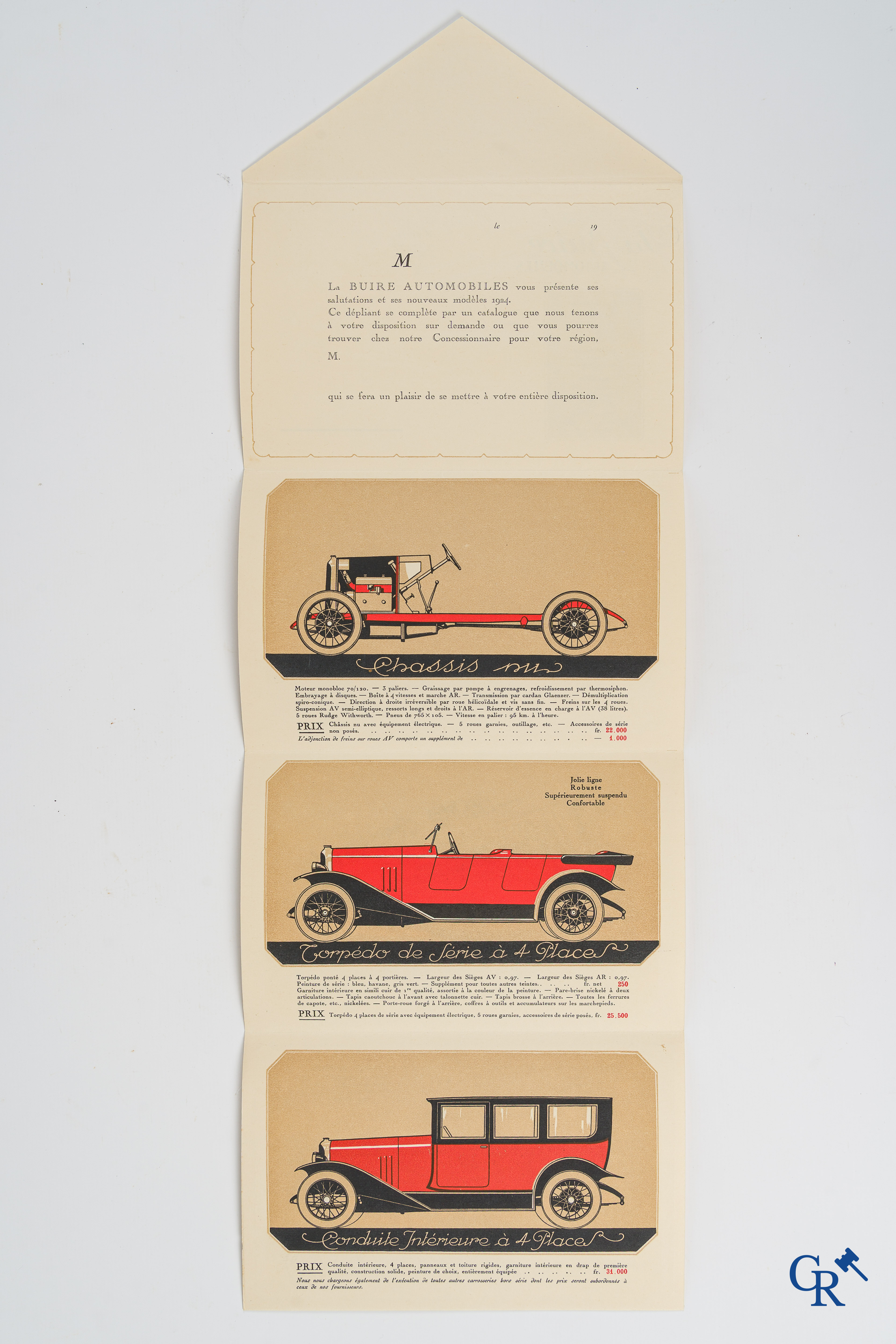 La Buire Automobiles, Uitzonderlijk opvouwbare publiciteitsenveloppe en een folder met prijslijst. 1924-1926.