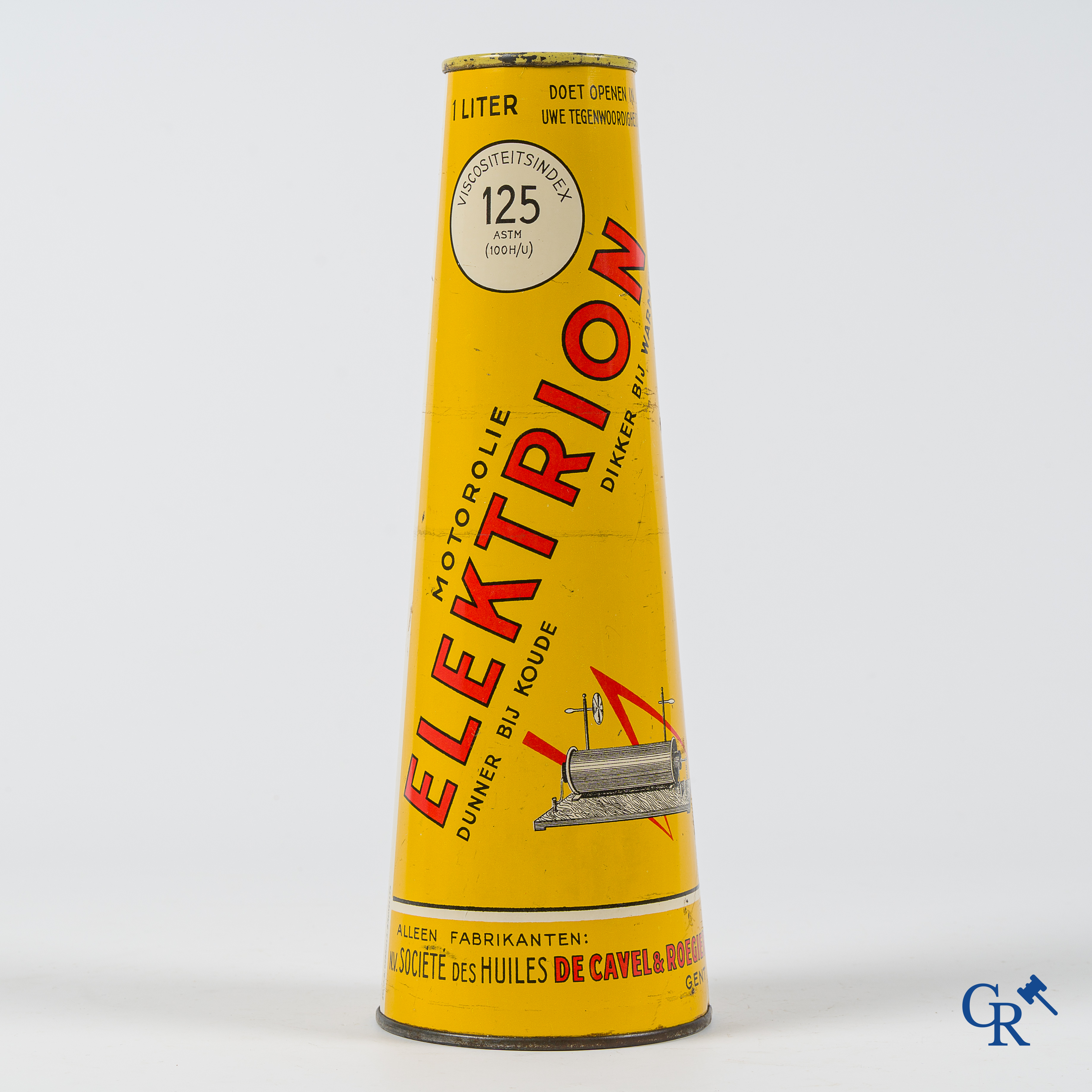 Elektrion, conisch olieblik 1 Liter. Société des Huiles De Cavel & Roegiers S.A. Gand. Ets. J.B. Gabriels Bruxelles.