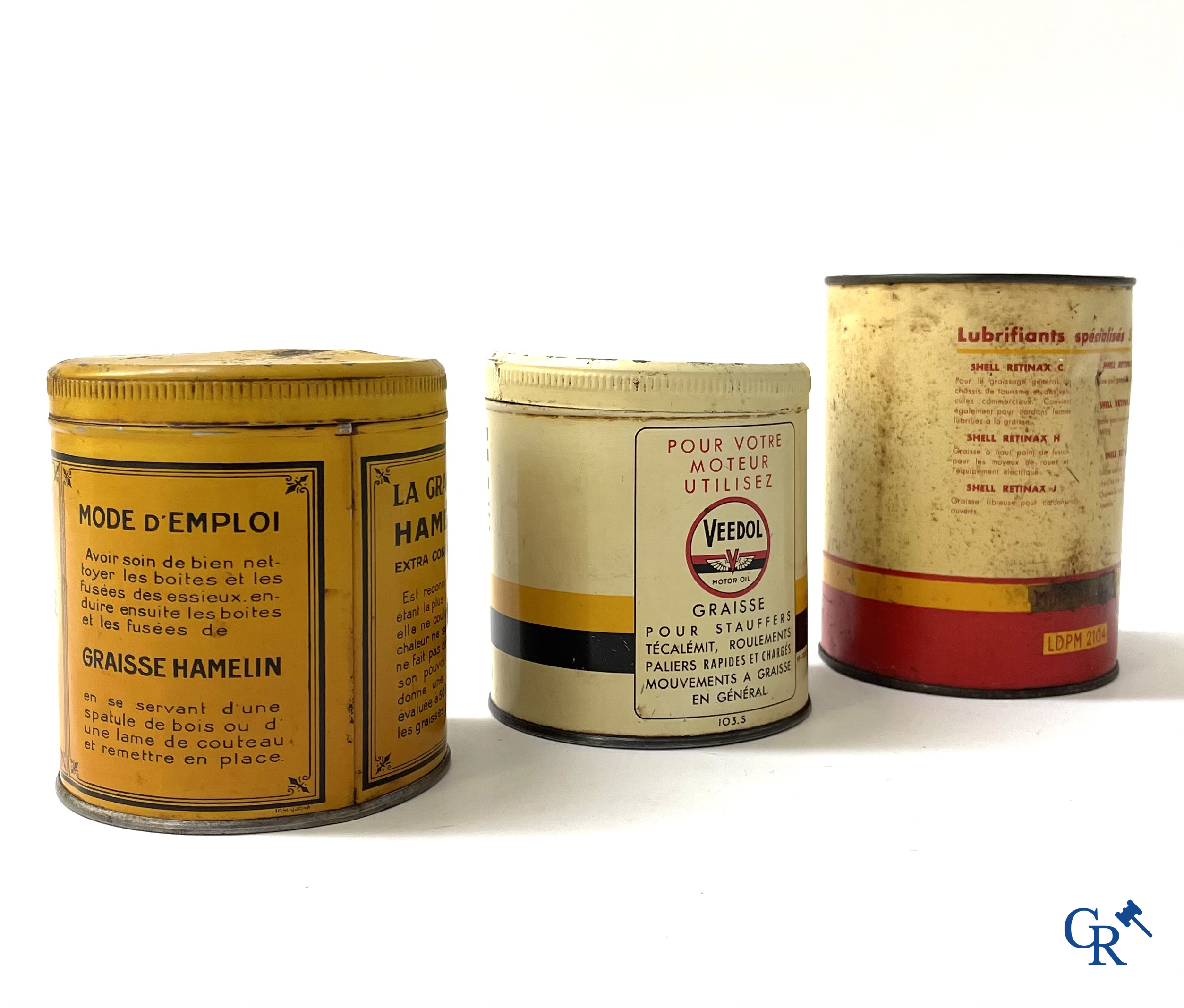 Automobilia. 6 blikken voor autosmering. Graisse Renault, Equateur, Motorine Veedol, Hamelin, Shell. Jaren '50.