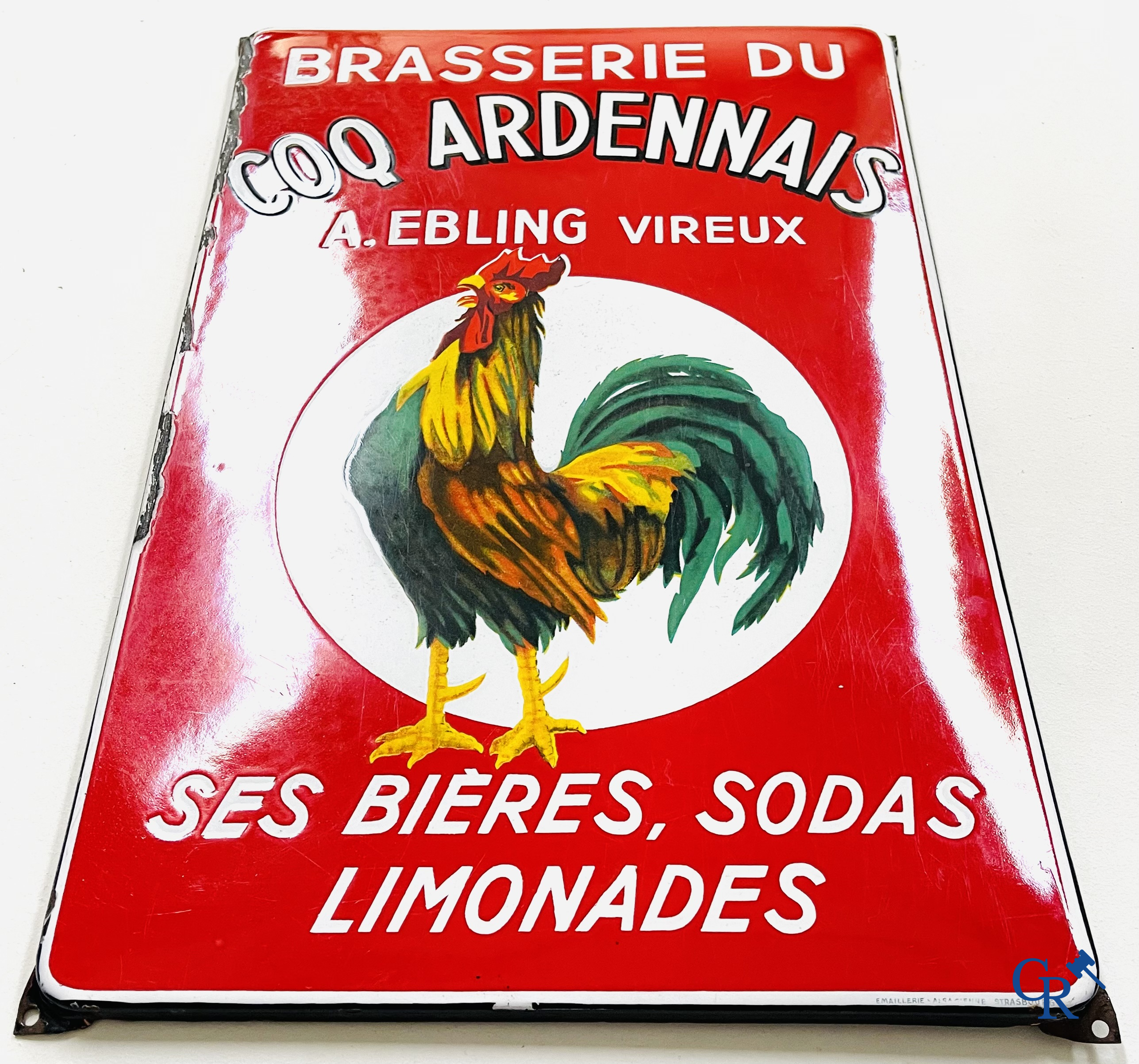 Brasserie du Coq Ardennais, Origineel reclamebord voor bieren, sodas en limonades van brasserie Ebling à Vireux.