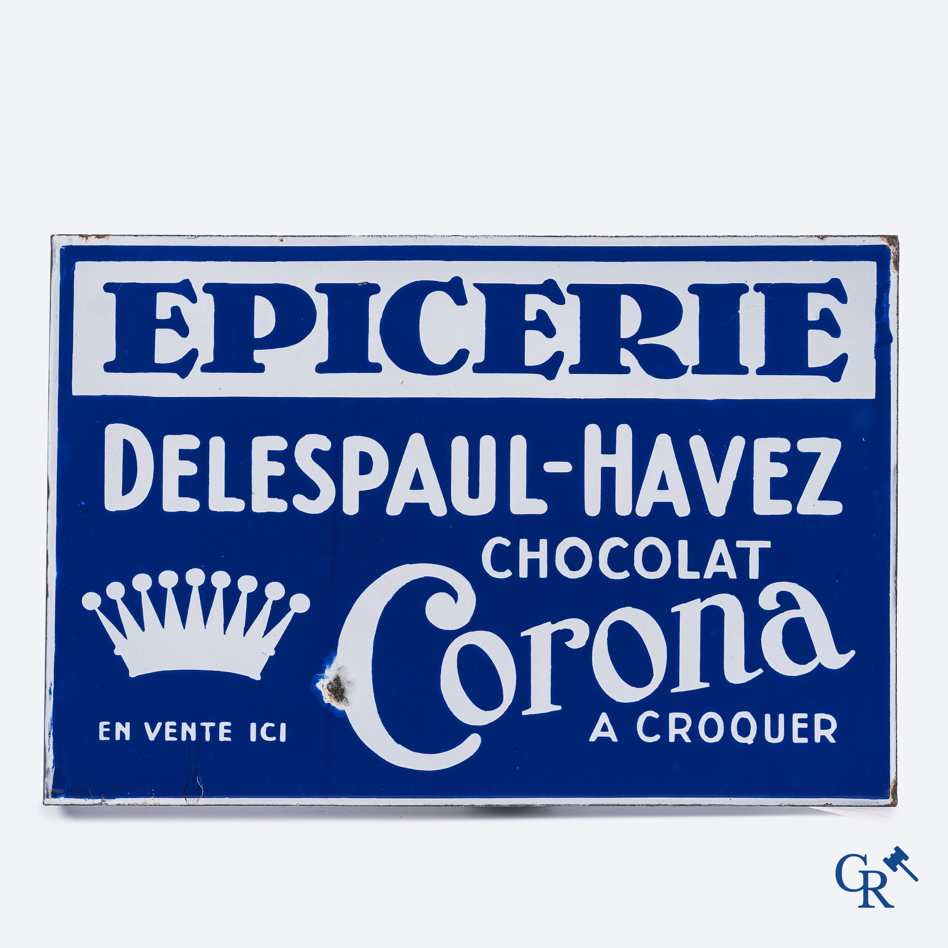 Chocolat Delespaul-Havez. Dubbelzijdig uithangbord in emaille voor een kruidenierswinkel. Circa 1930.