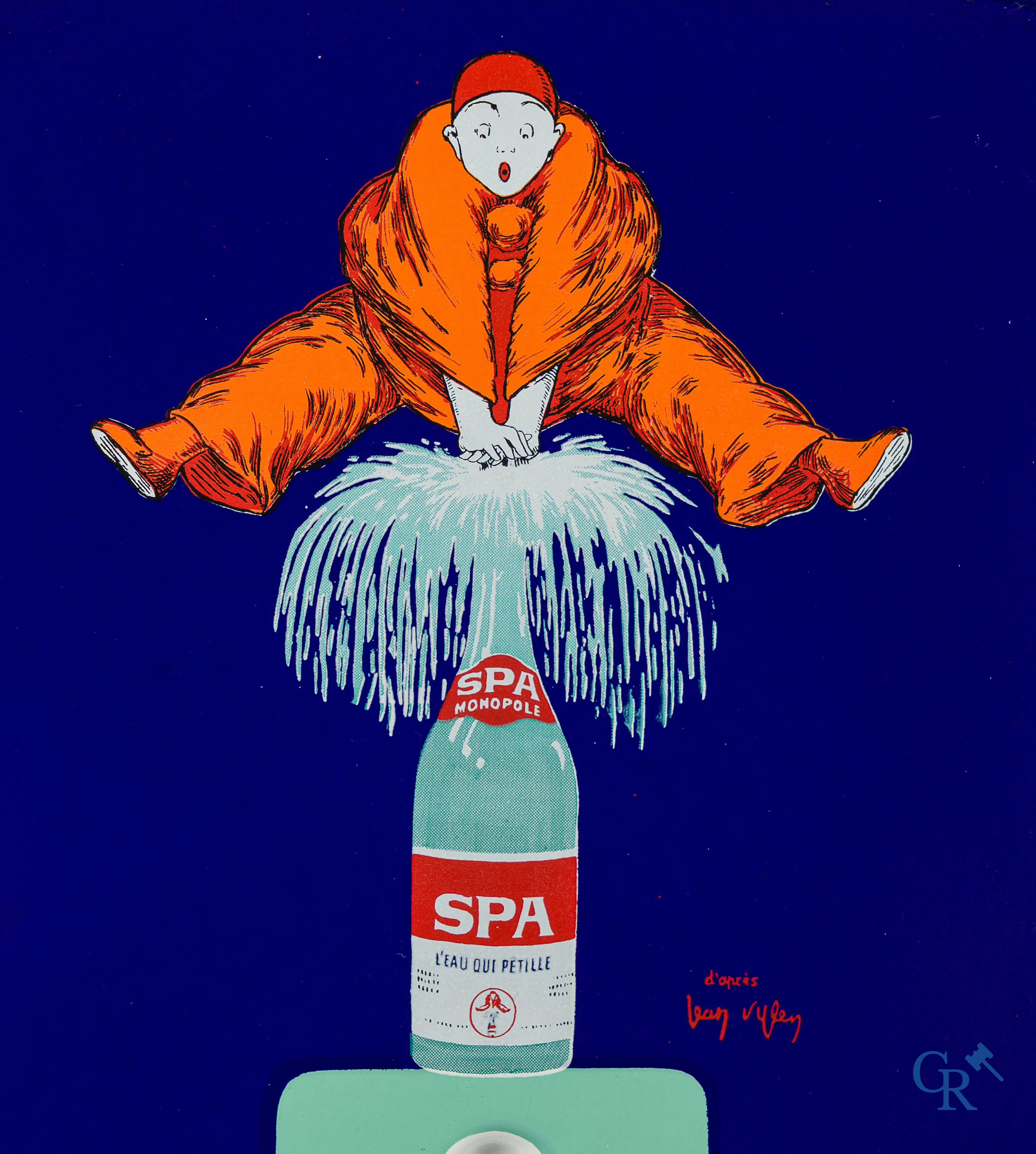 Spa, publiciteits thermometer in emaille met voorstelling van "Pierrot". Emaillerie Belge 1963.